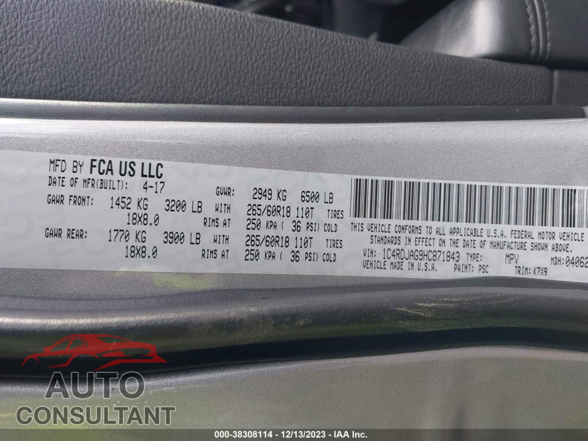 DODGE DURANGO 2017 - 1C4RDJAG9HC871843