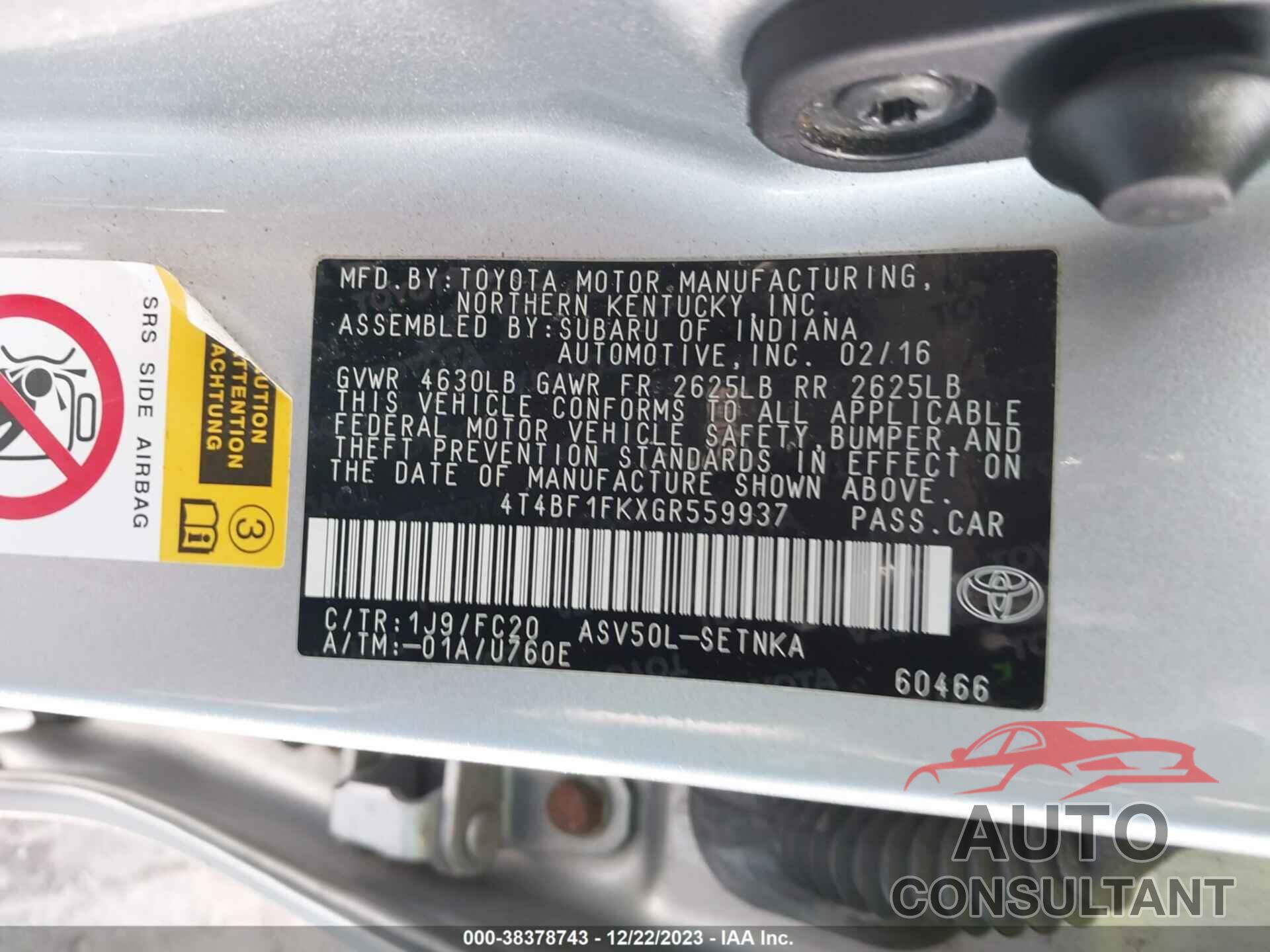 TOYOTA CAMRY 2016 - 4T4BF1FKXGR559937