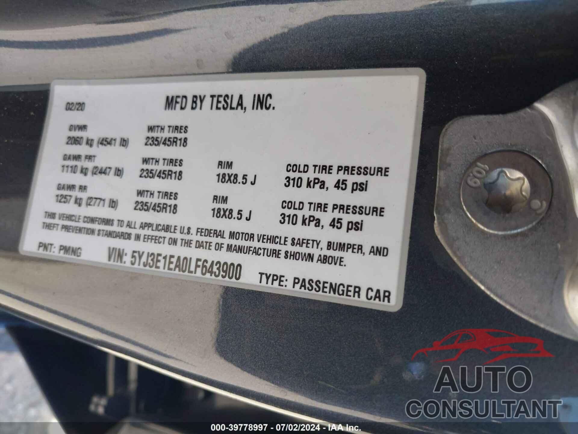 TESLA MODEL 3 2020 - 5YJ3E1EA0LF643900