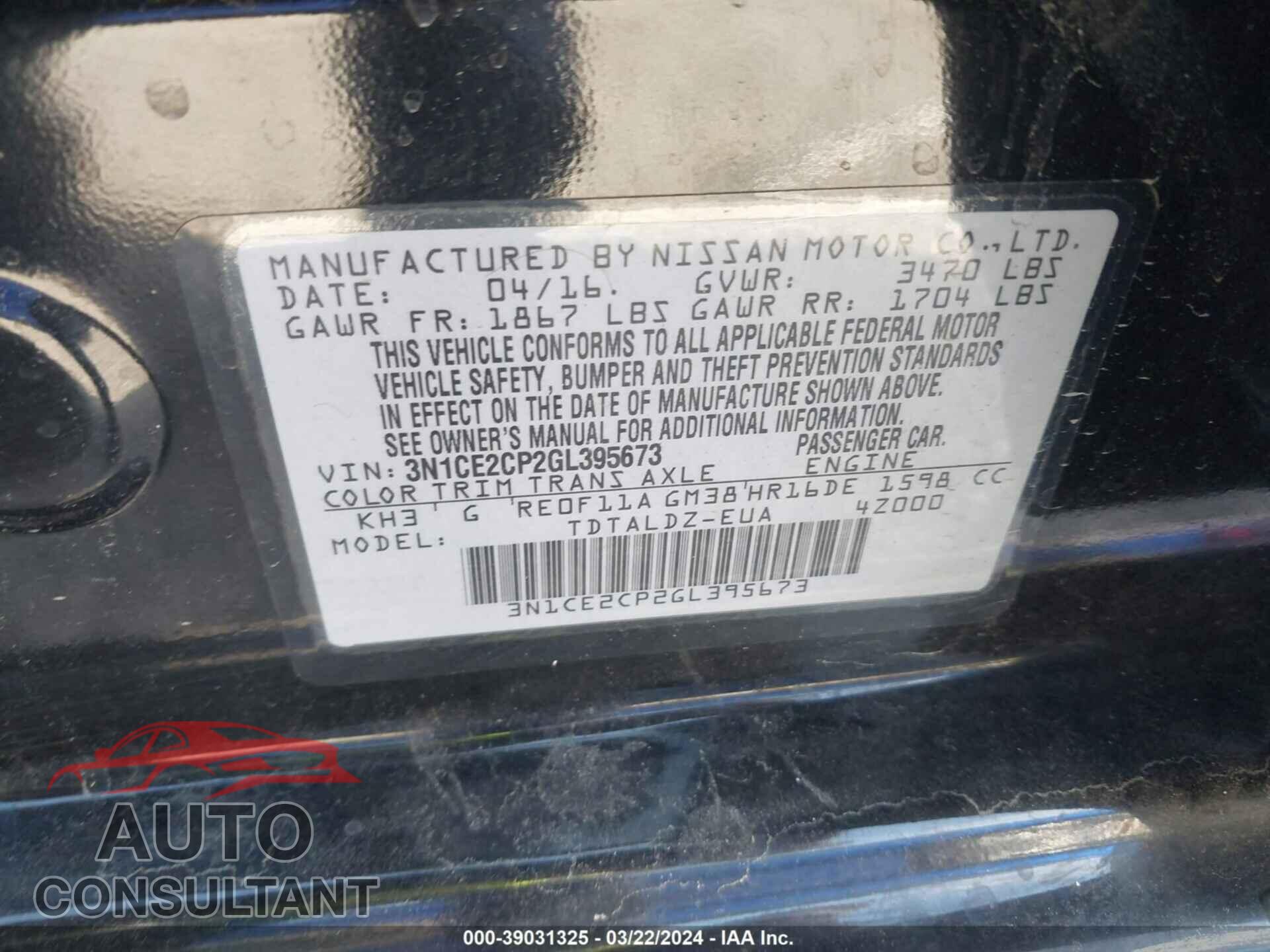 NISSAN VERSA NOTE 2016 - 3N1CE2CP2GL395673