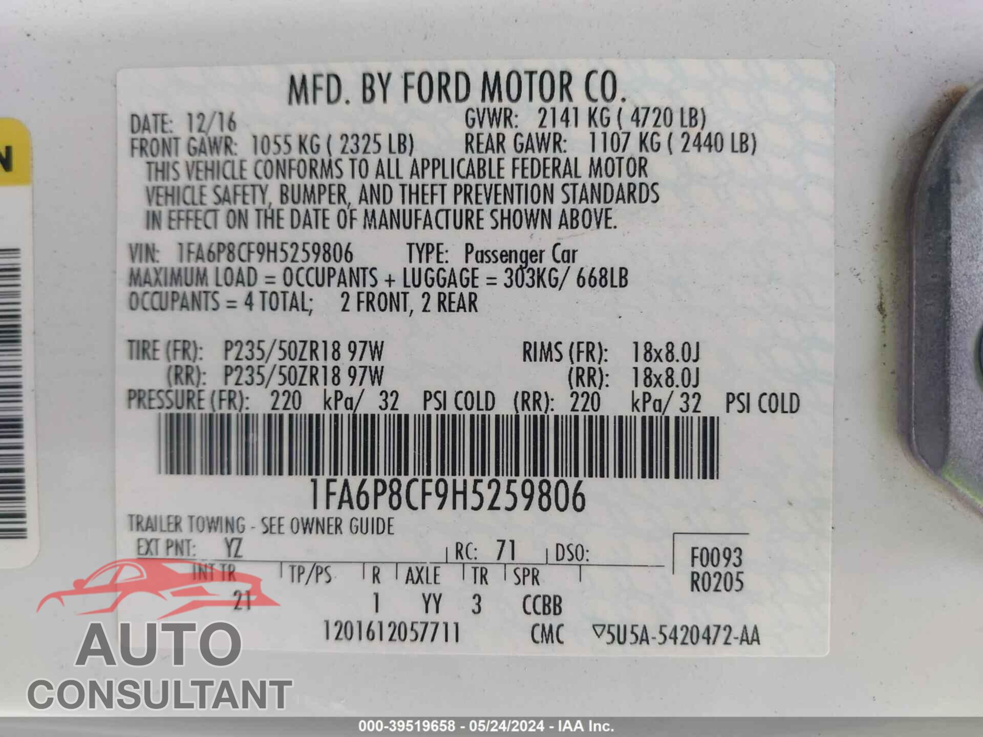 FORD MUSTANG 2017 - 1FA6P8CF9H5259806