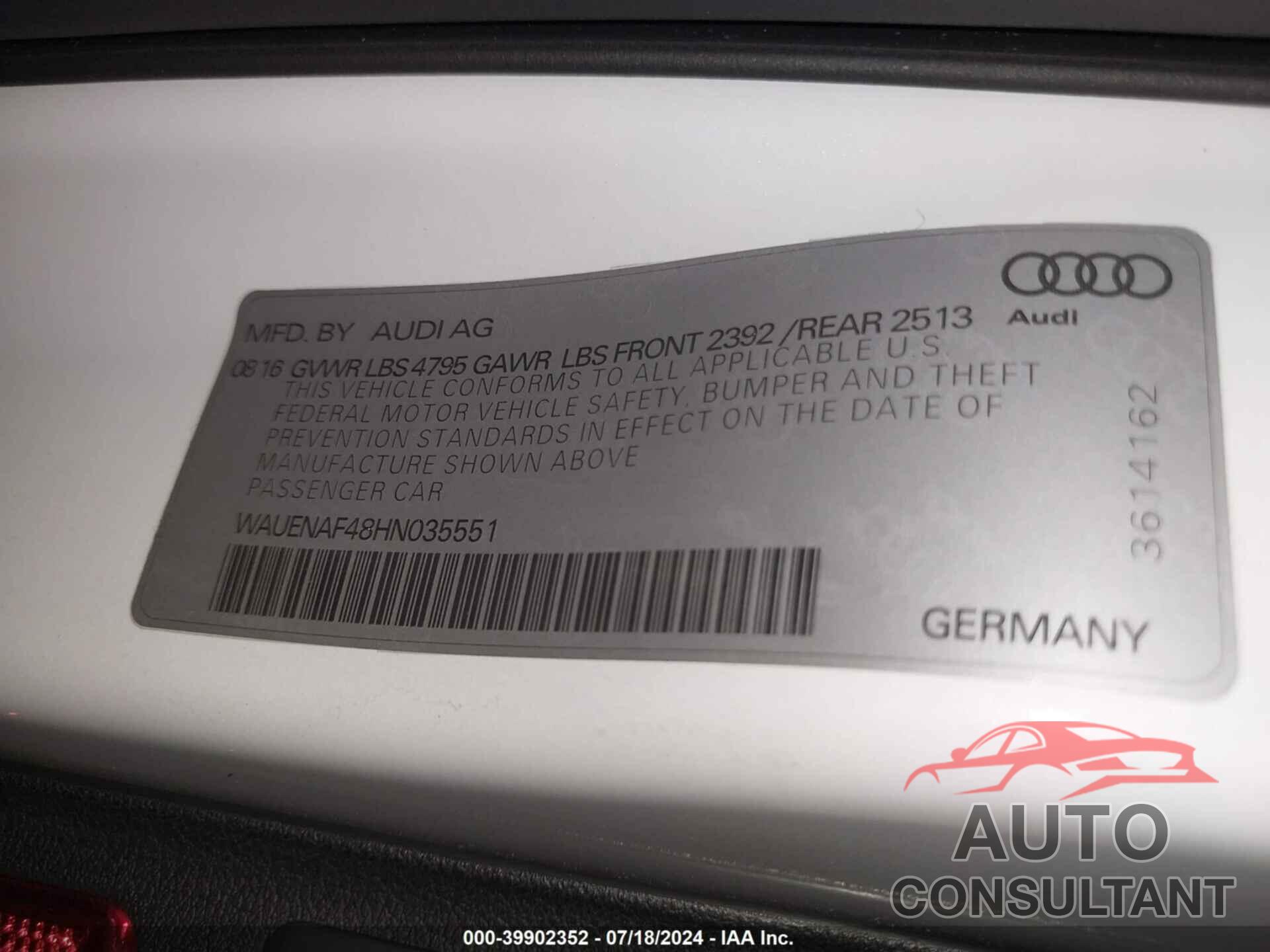 AUDI A4 2017 - WAUENAF48HN035551
