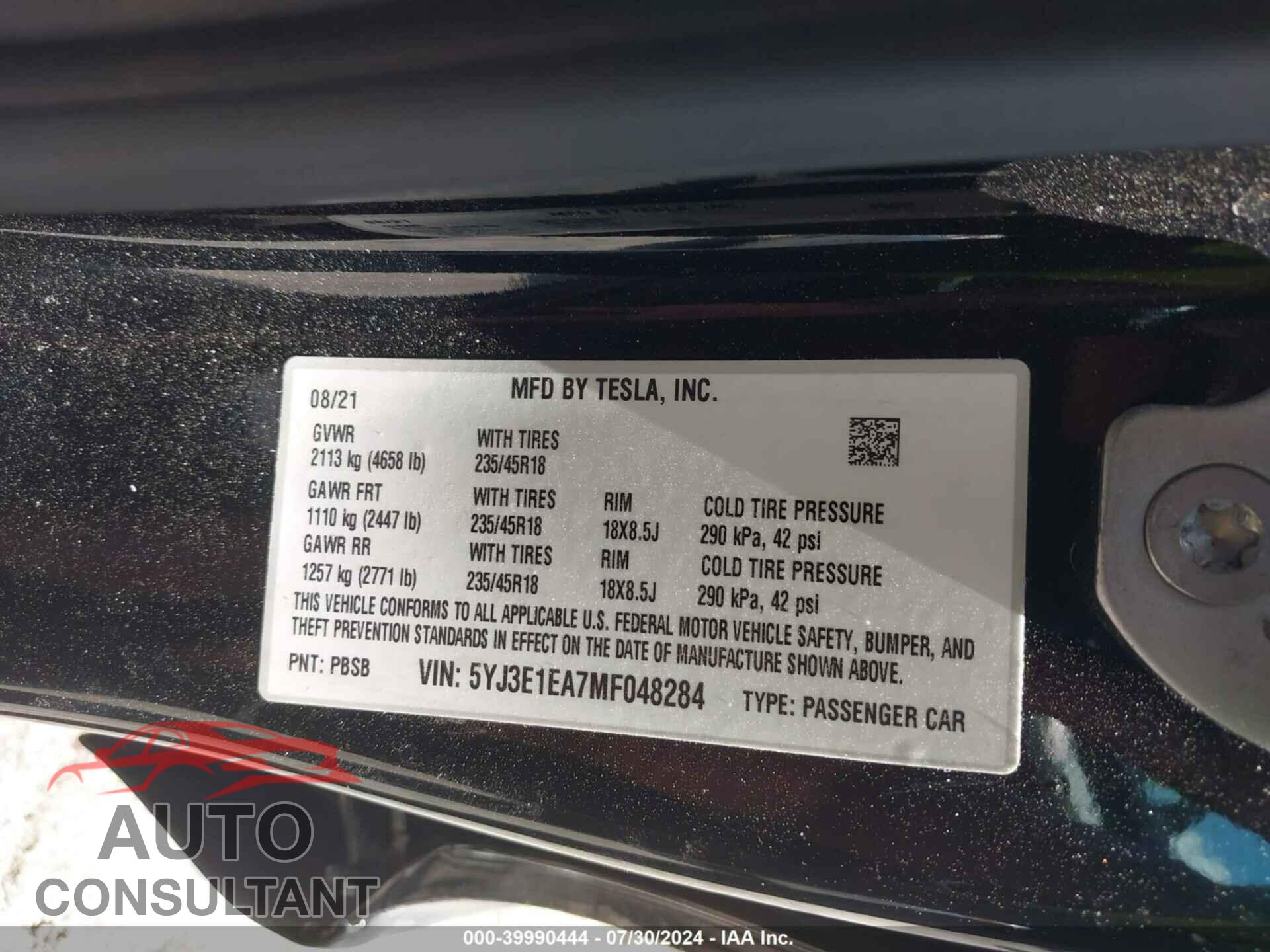 TESLA MODEL 3 2021 - 5YJ3E1EA7MF048284