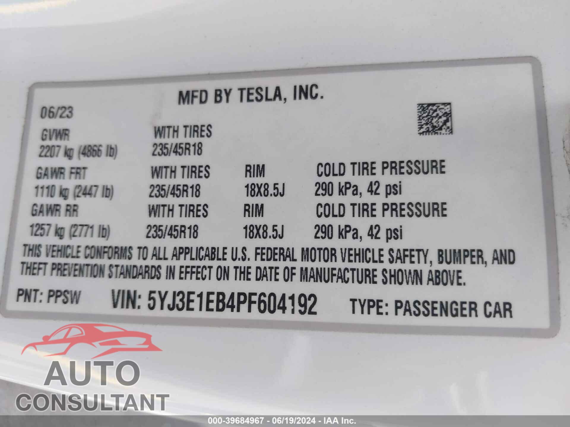 TESLA MODEL 3 2023 - 5YJ3E1EB4PF604192