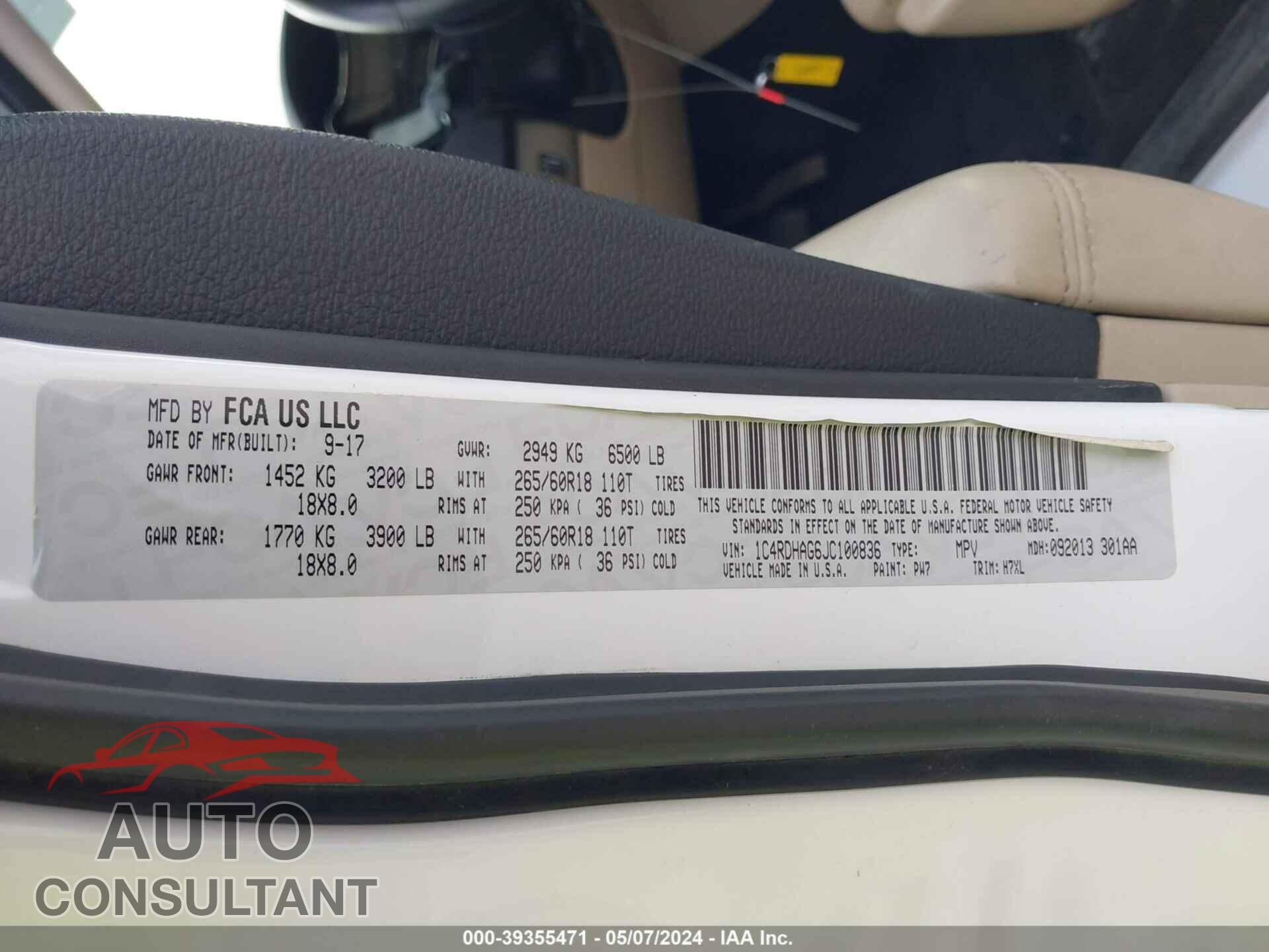 DODGE DURANGO 2018 - 1C4RDHAG6JC100836