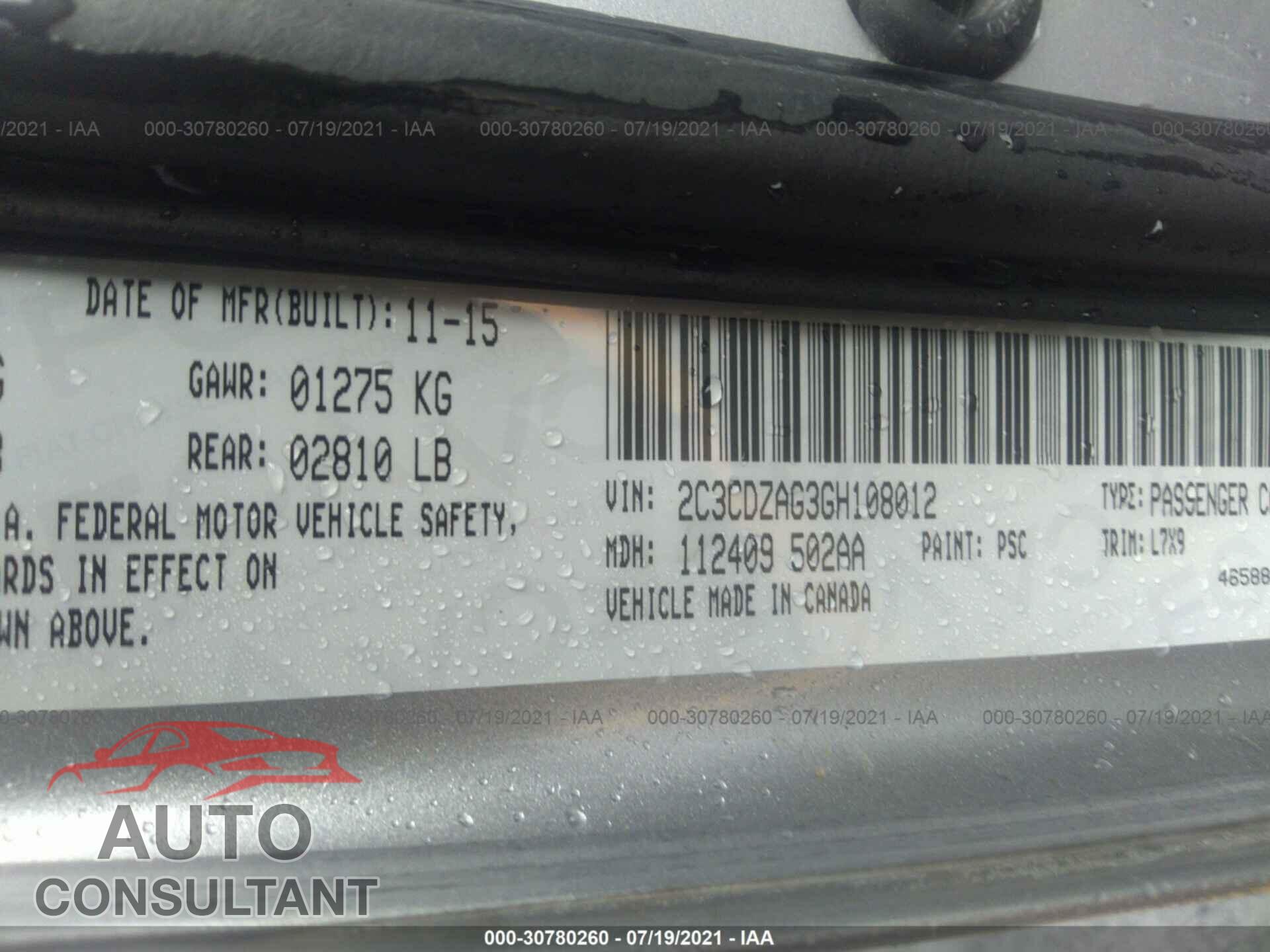 DODGE CHALLENGER 2016 - 2C3CDZAG3GH108012