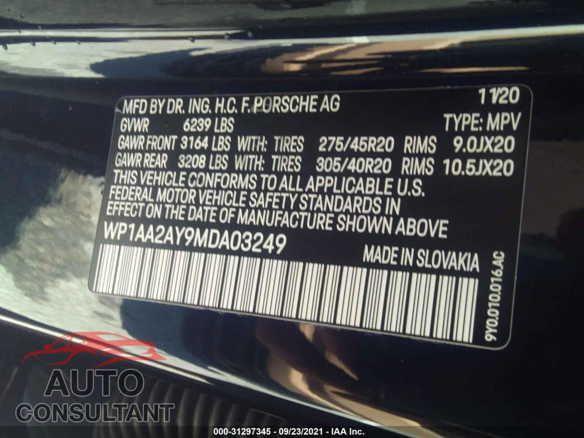 PORSCHE CAYENNE 2021 - WP1AA2AY9MDA03249