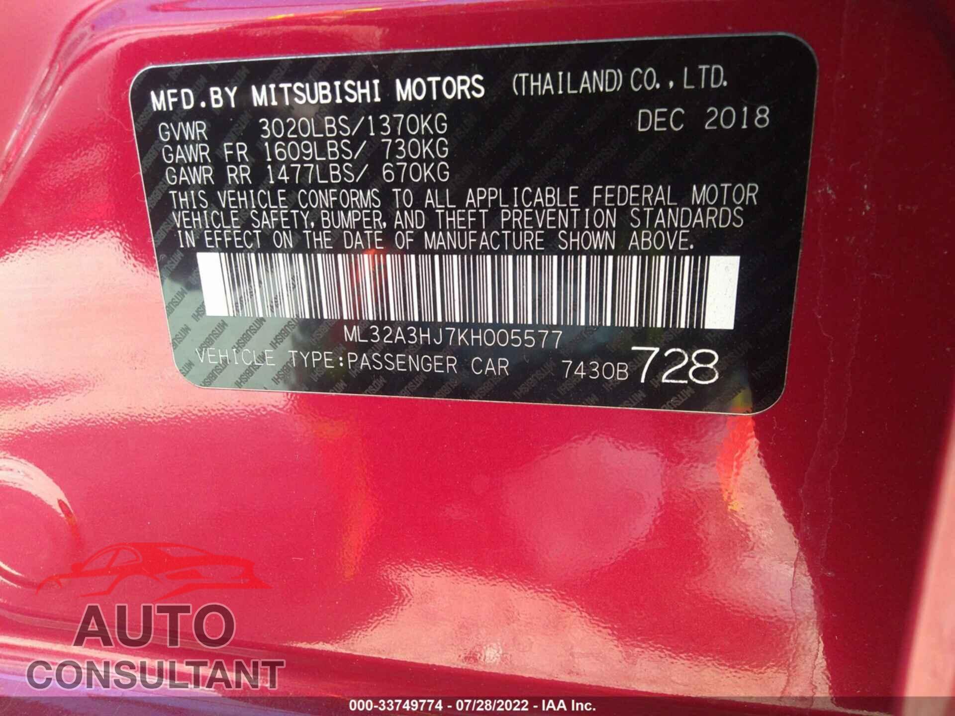 MITSUBISHI MIRAGE 2019 - ML32A3HJ7KH005577