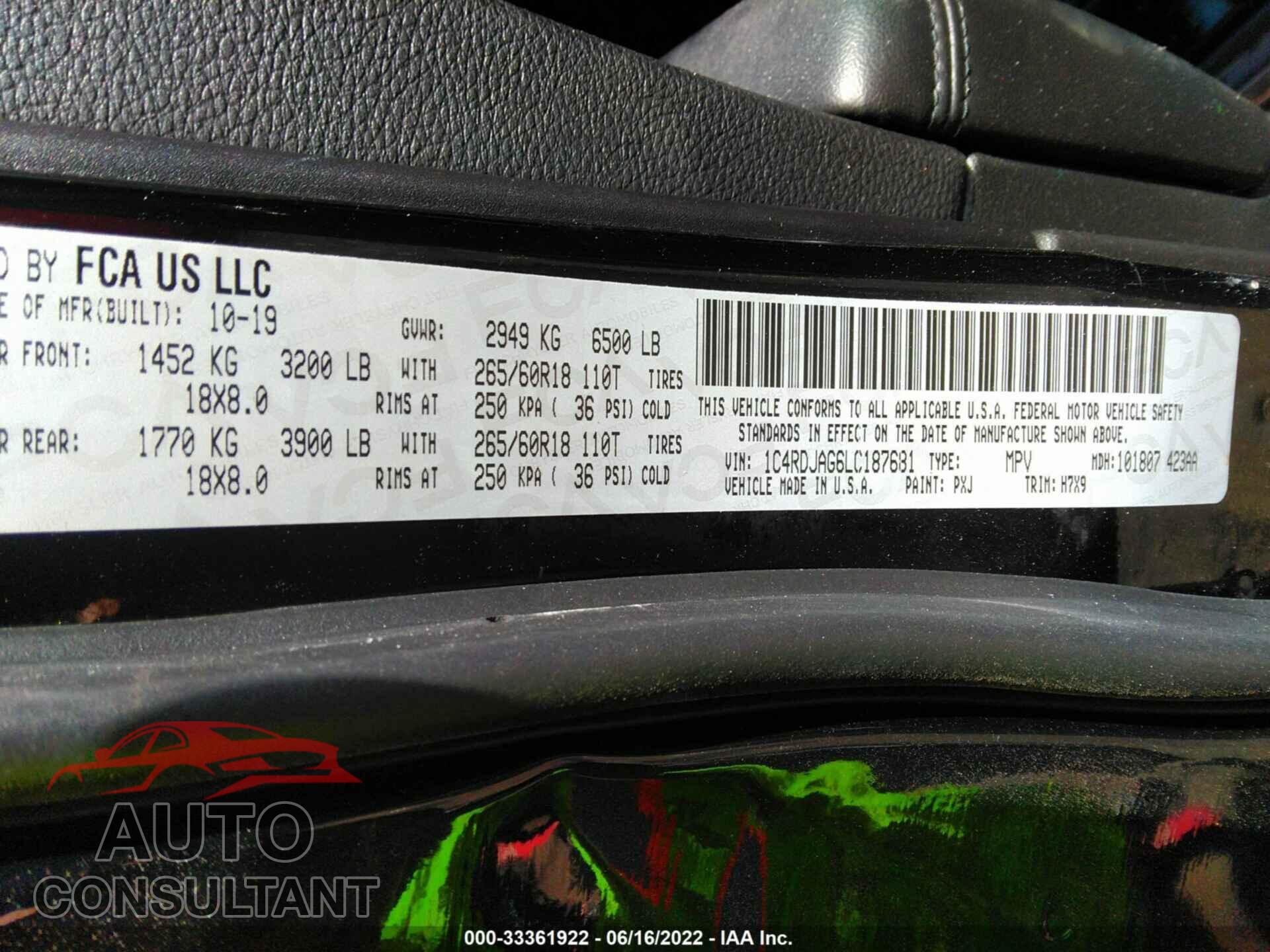 DODGE DURANGO 2020 - 1C4RDJAG6LC187681