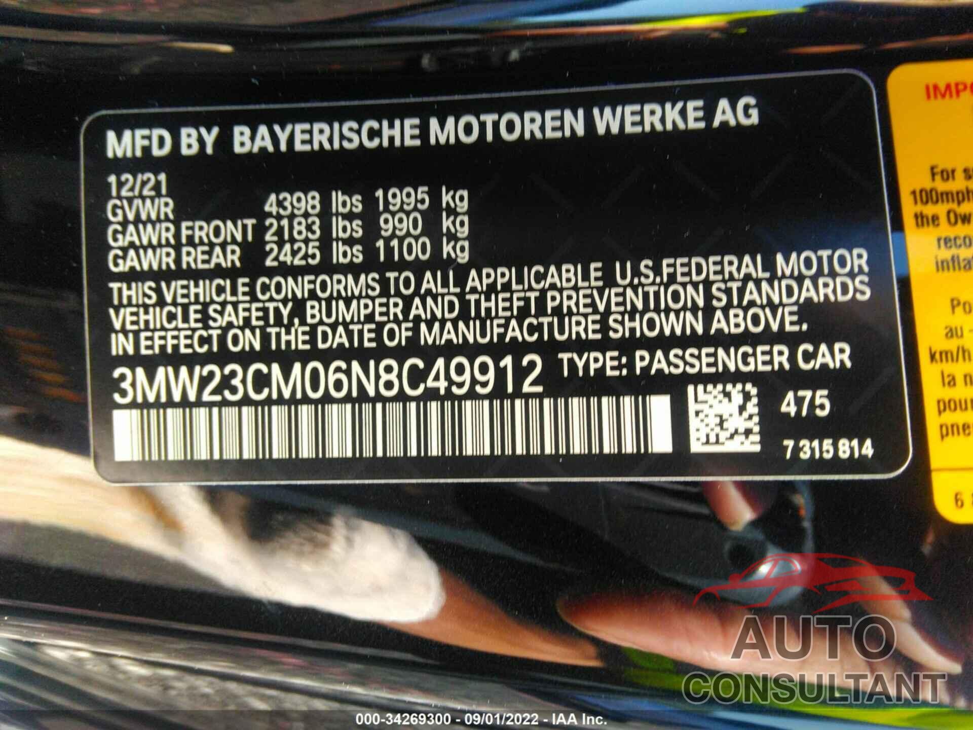 BMW 2 SERIES 2022 - 3MW23CM06N8C49912