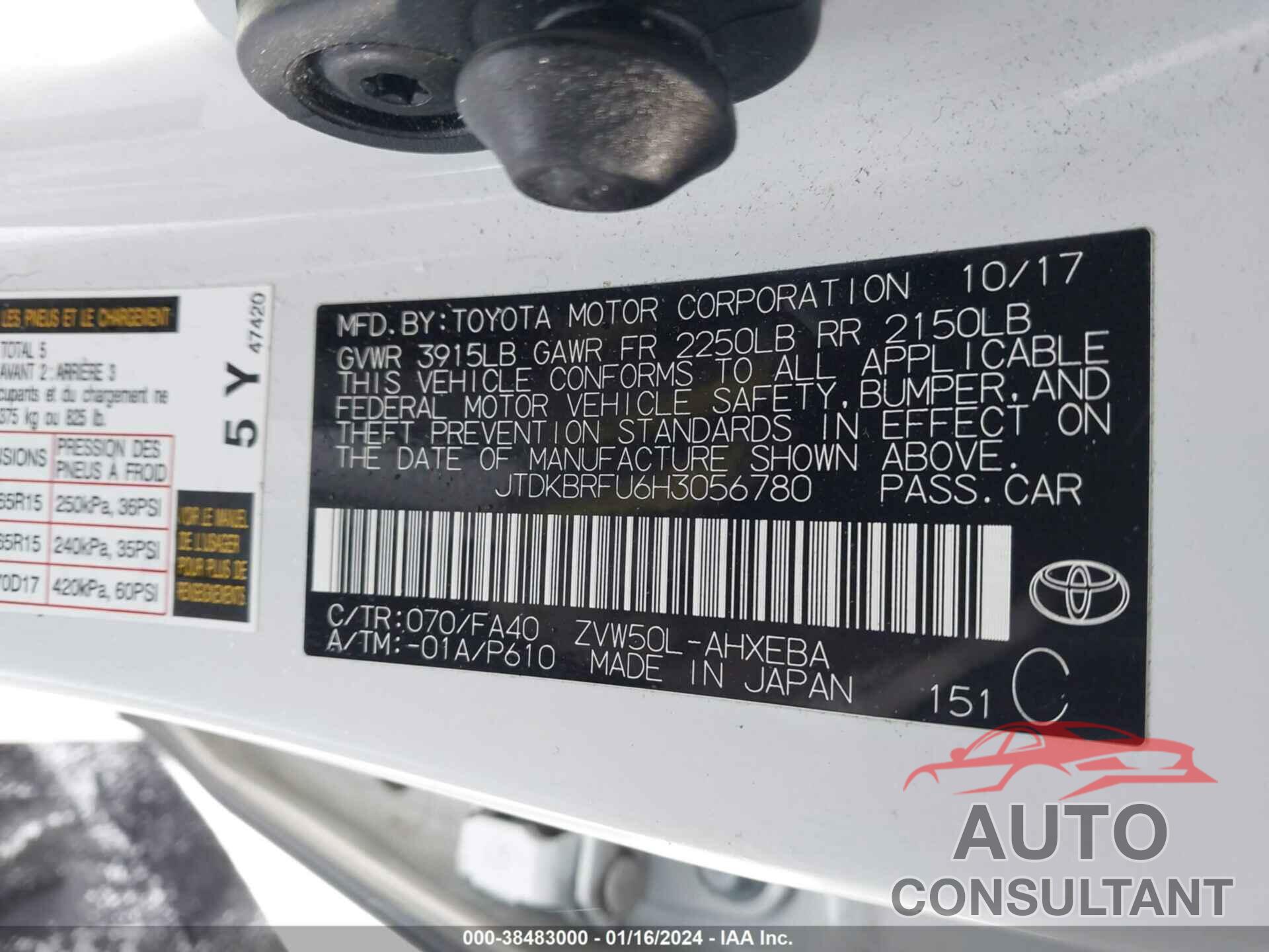 TOYOTA PRIUS 2017 - JTDKBRFU6H3056780