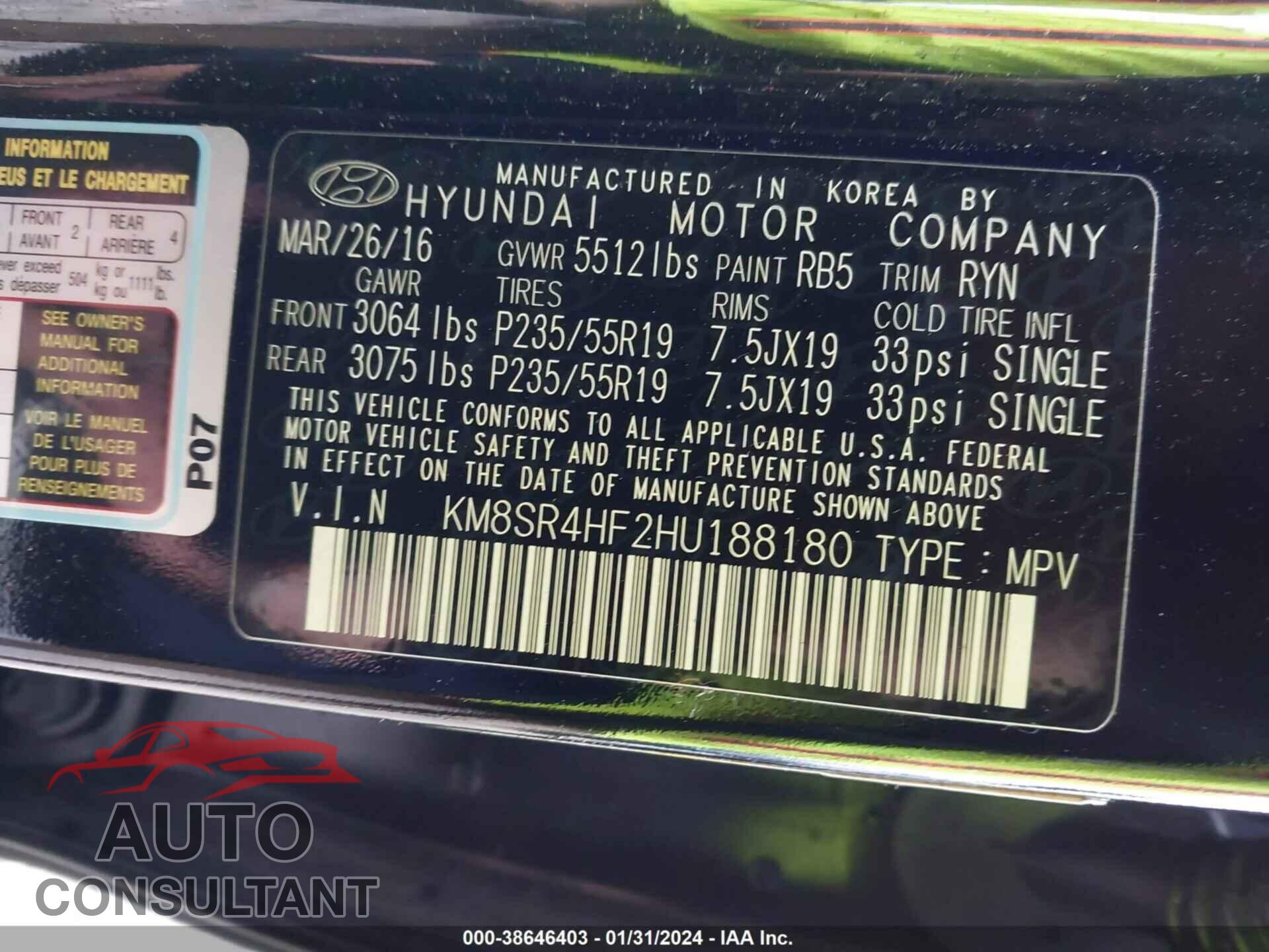 HYUNDAI SANTA FE 2017 - KM8SR4HF2HU188180
