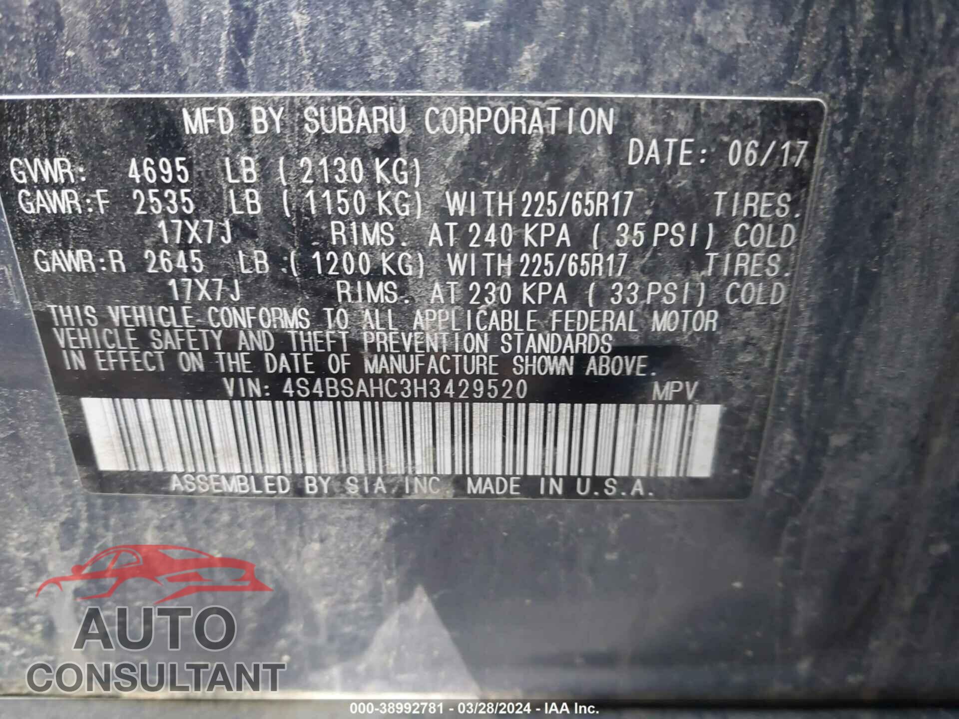 SUBARU OUTBACK 2017 - 4S4BSAHC3H3429520