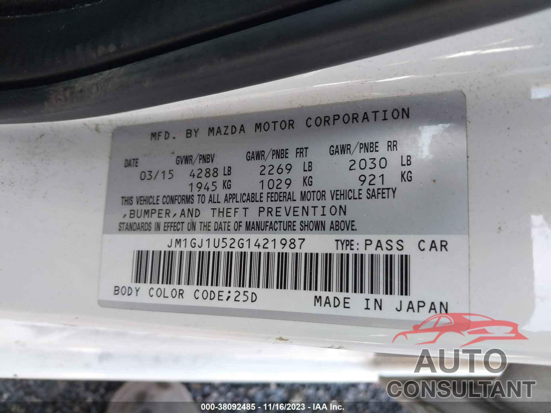 MAZDA MAZDA6 2016 - JM1GJ1U52G1421987