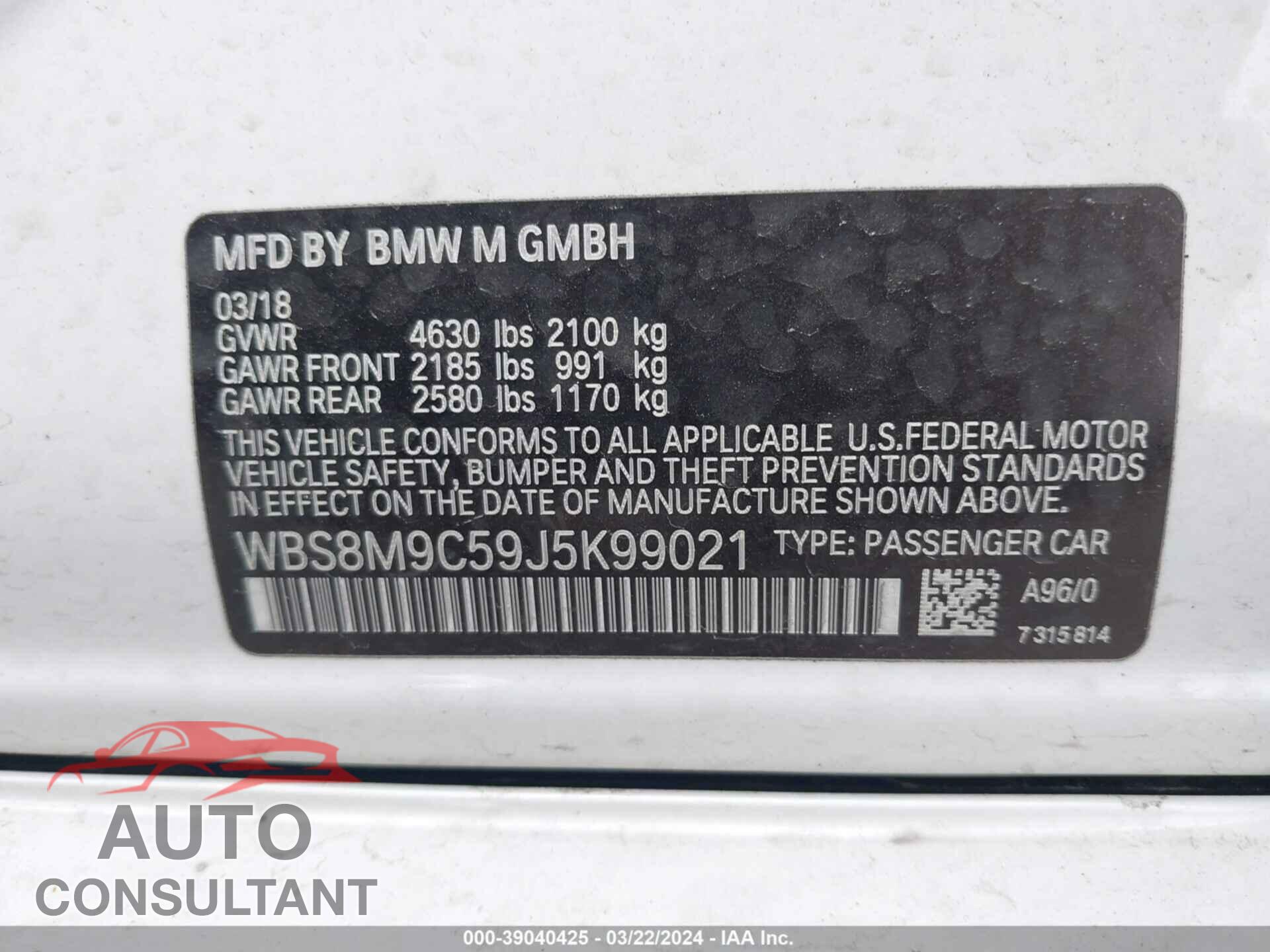 BMW M3 2018 - WBS8M9C59J5K99021