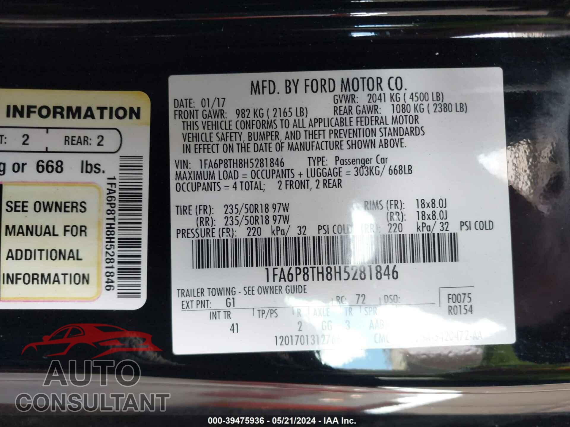 FORD MUSTANG 2017 - 1FA6P8TH8H5281846