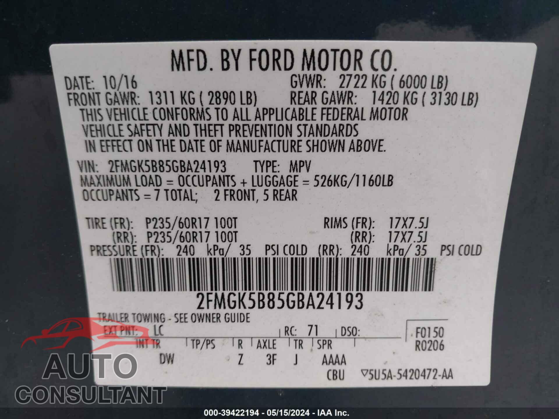 FORD FLEX 2016 - 2FMGK5B85GBA24193