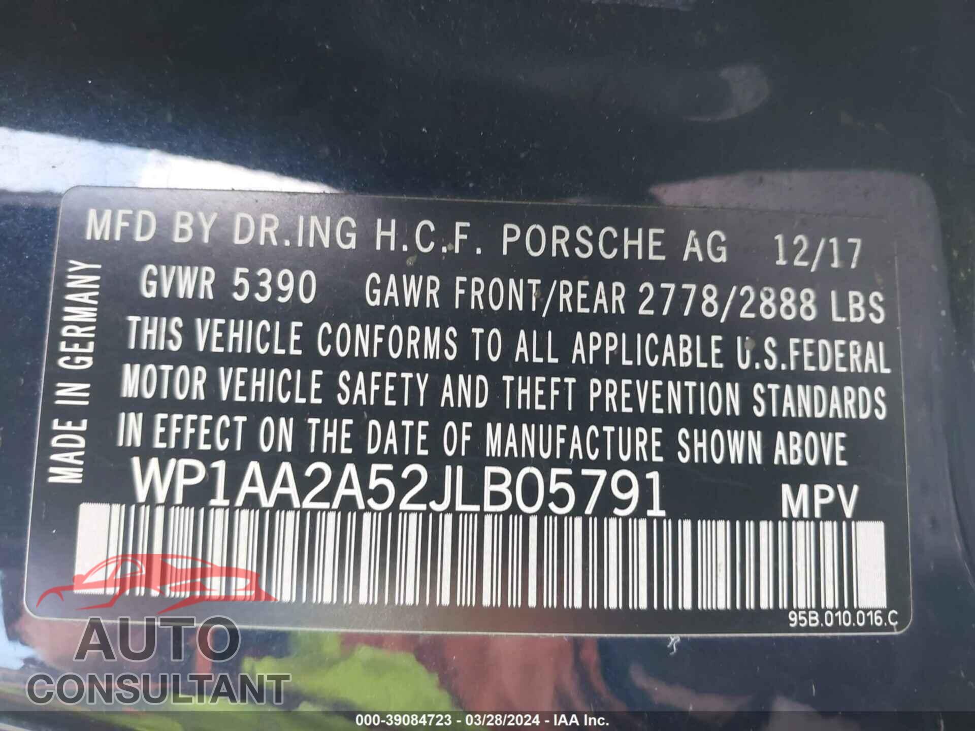 PORSCHE MACAN 2018 - WP1AA2A52JLB05791