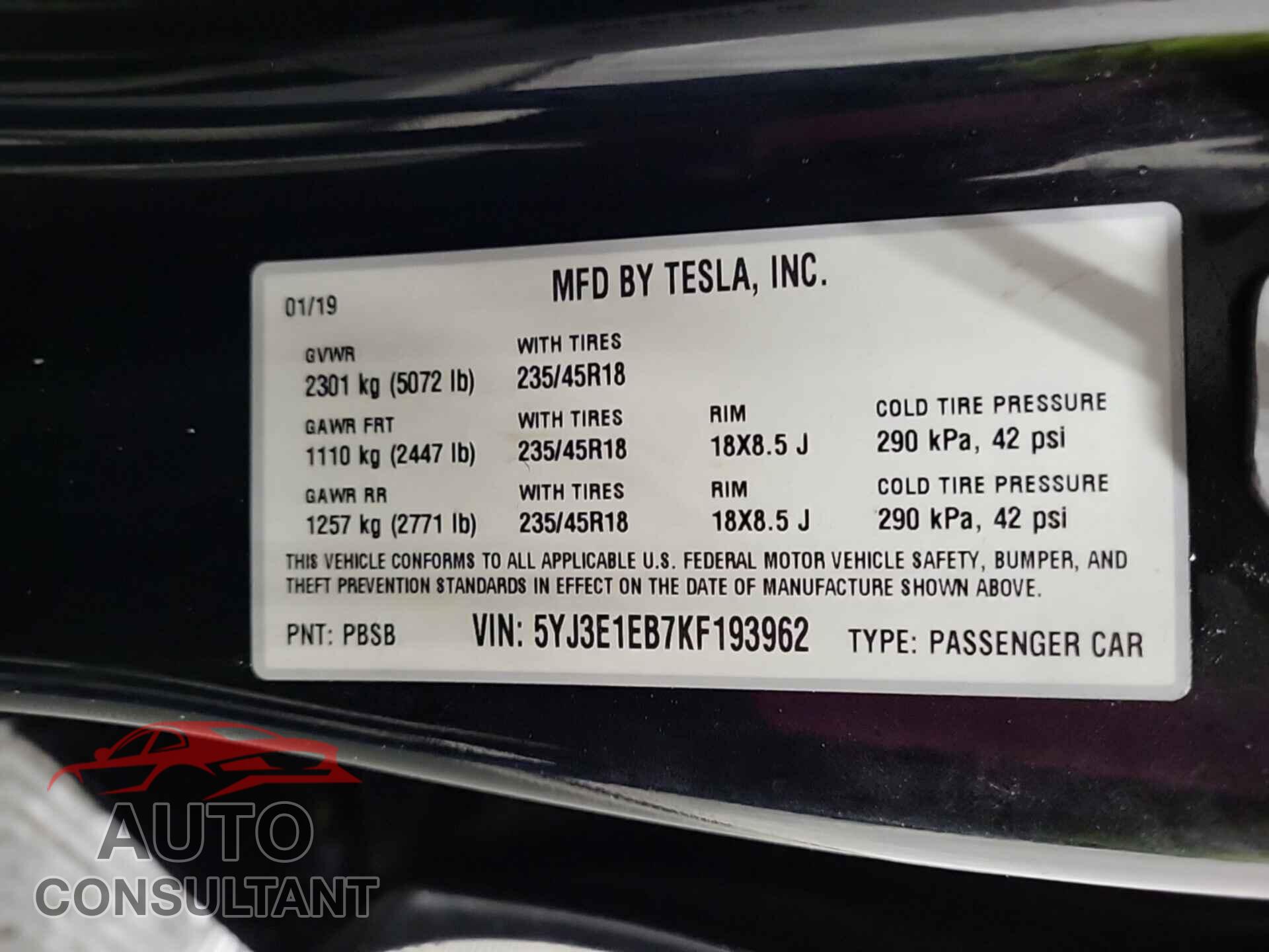 TESLA MODEL 3 2019 - 5YJ3E1EB7KF193962