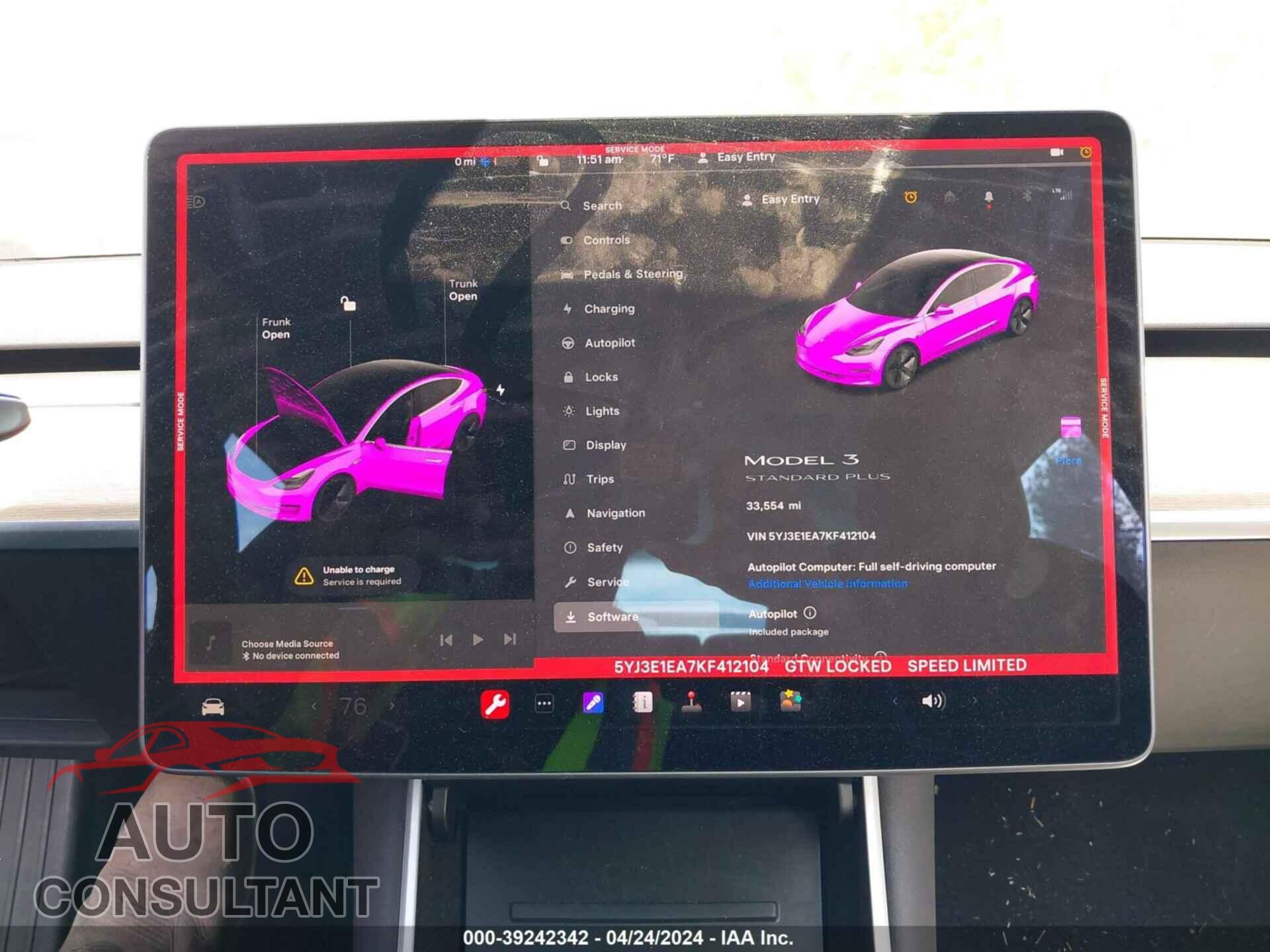 TESLA MODEL 3 2019 - 5YJ3E1EA7KF412104