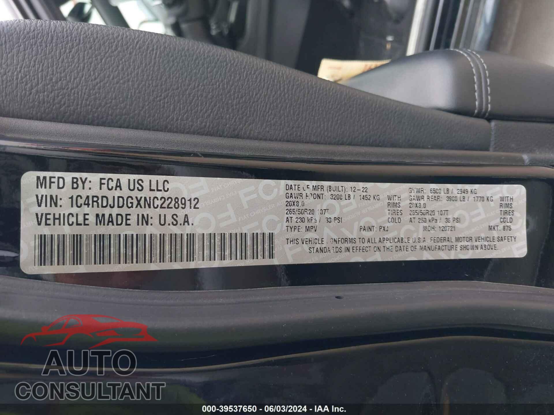 DODGE DURANGO 2022 - 1C4RDJDGXNC228912
