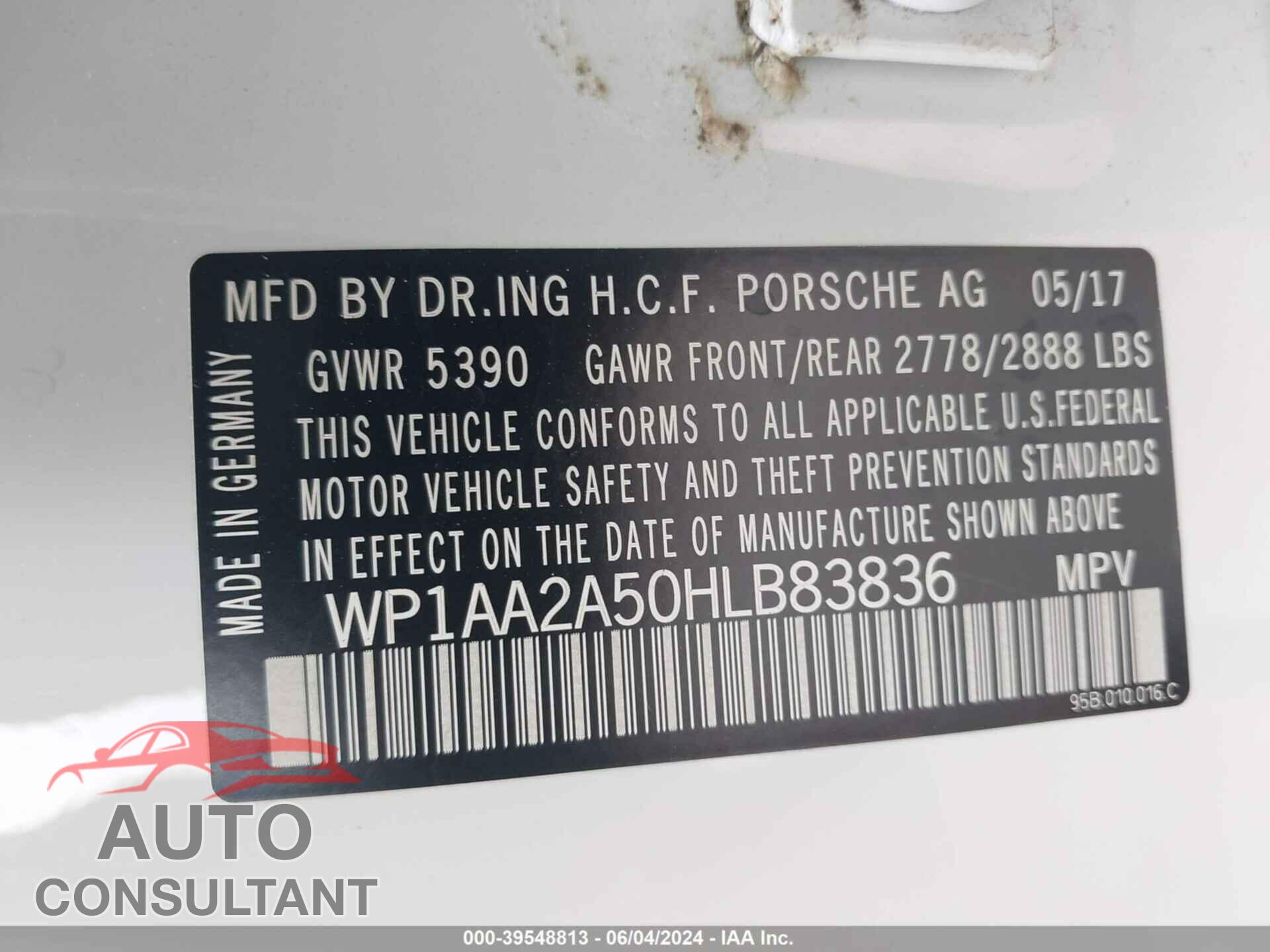 PORSCHE MACAN 2017 - WP1AA2A50HLB83836