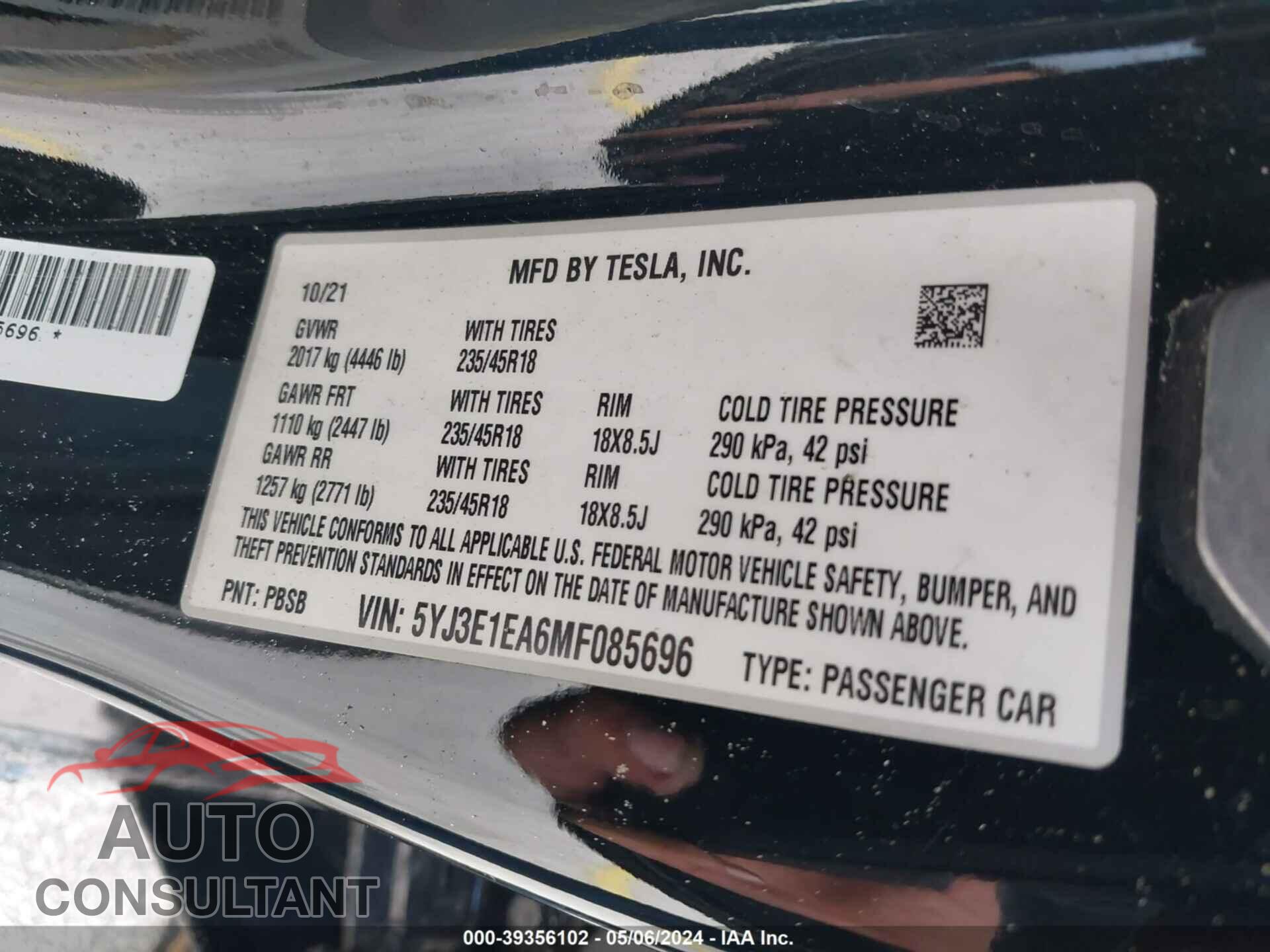 TESLA MODEL 3 2021 - 5YJ3E1EA6MF085696