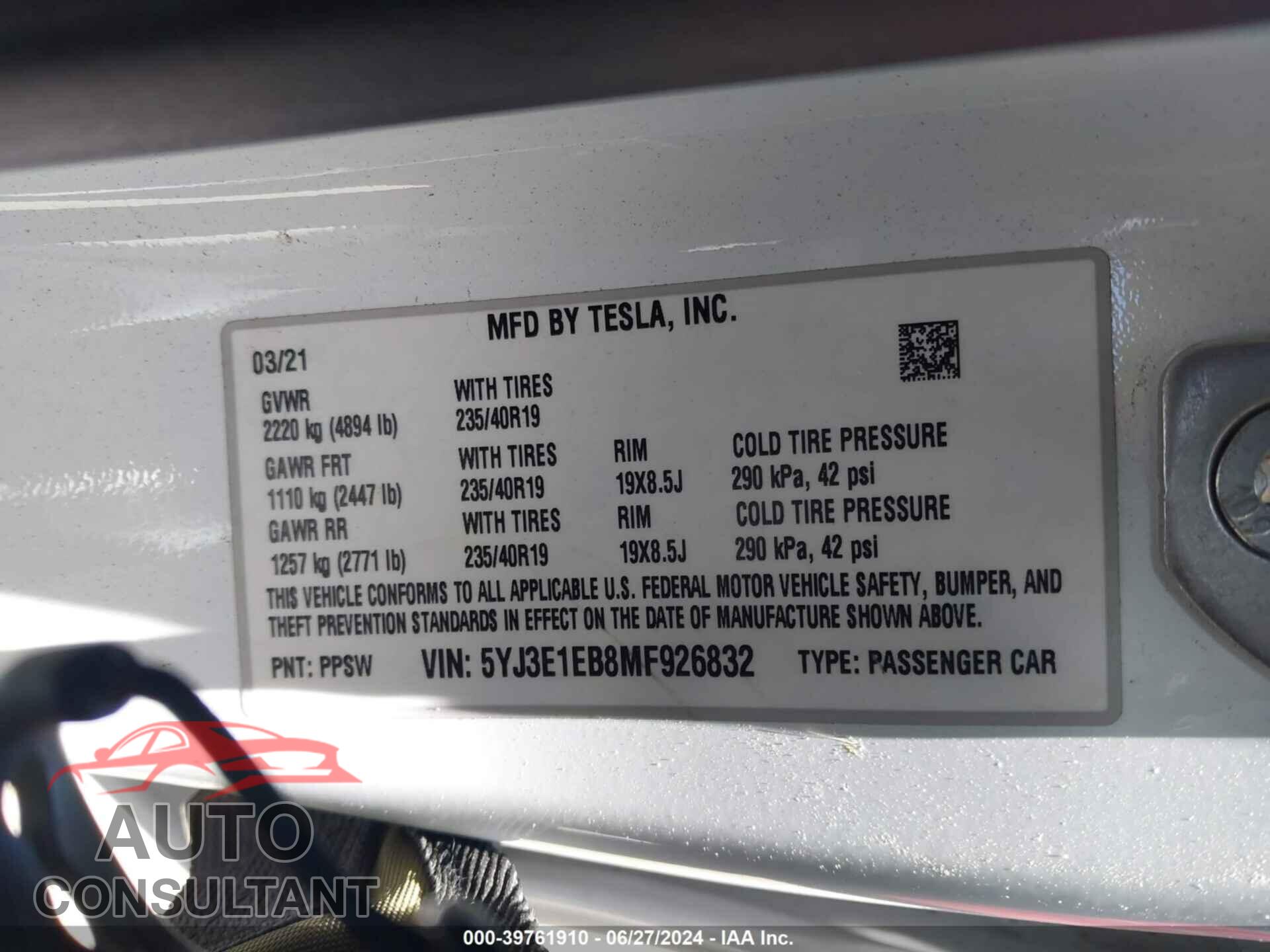 TESLA MODEL 3 2021 - 5YJ3E1EB8MF926832