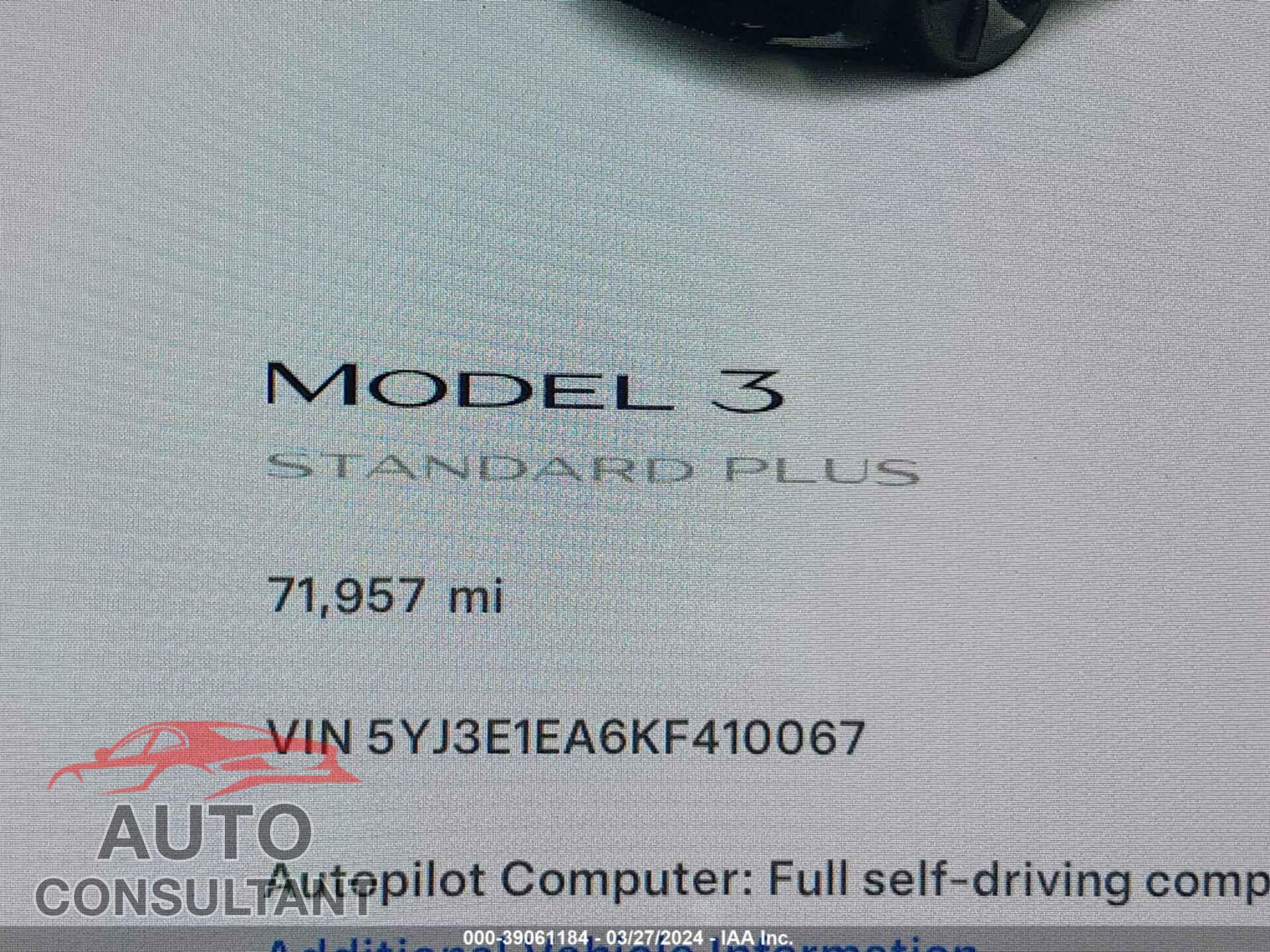 TESLA MODEL 3 2019 - 5YJ3E1EA6KF410067