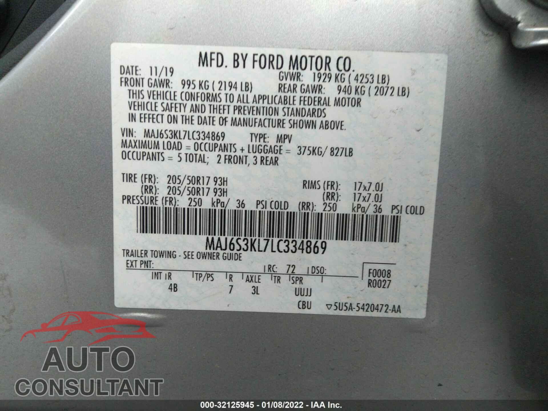 FORD ECOSPORT 2020 - MAJ6S3KL7LC334869
