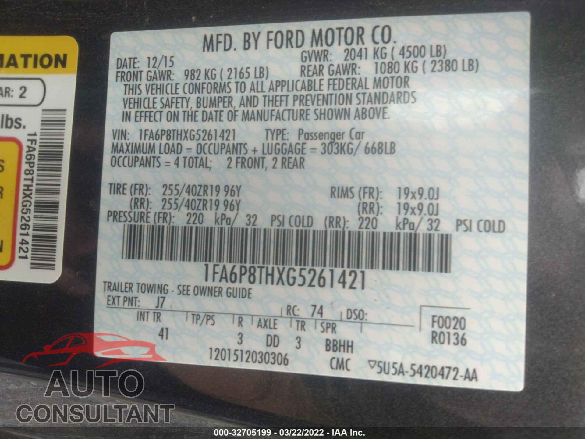FORD MUSTANG 2016 - 1FA6P8THXG5261421