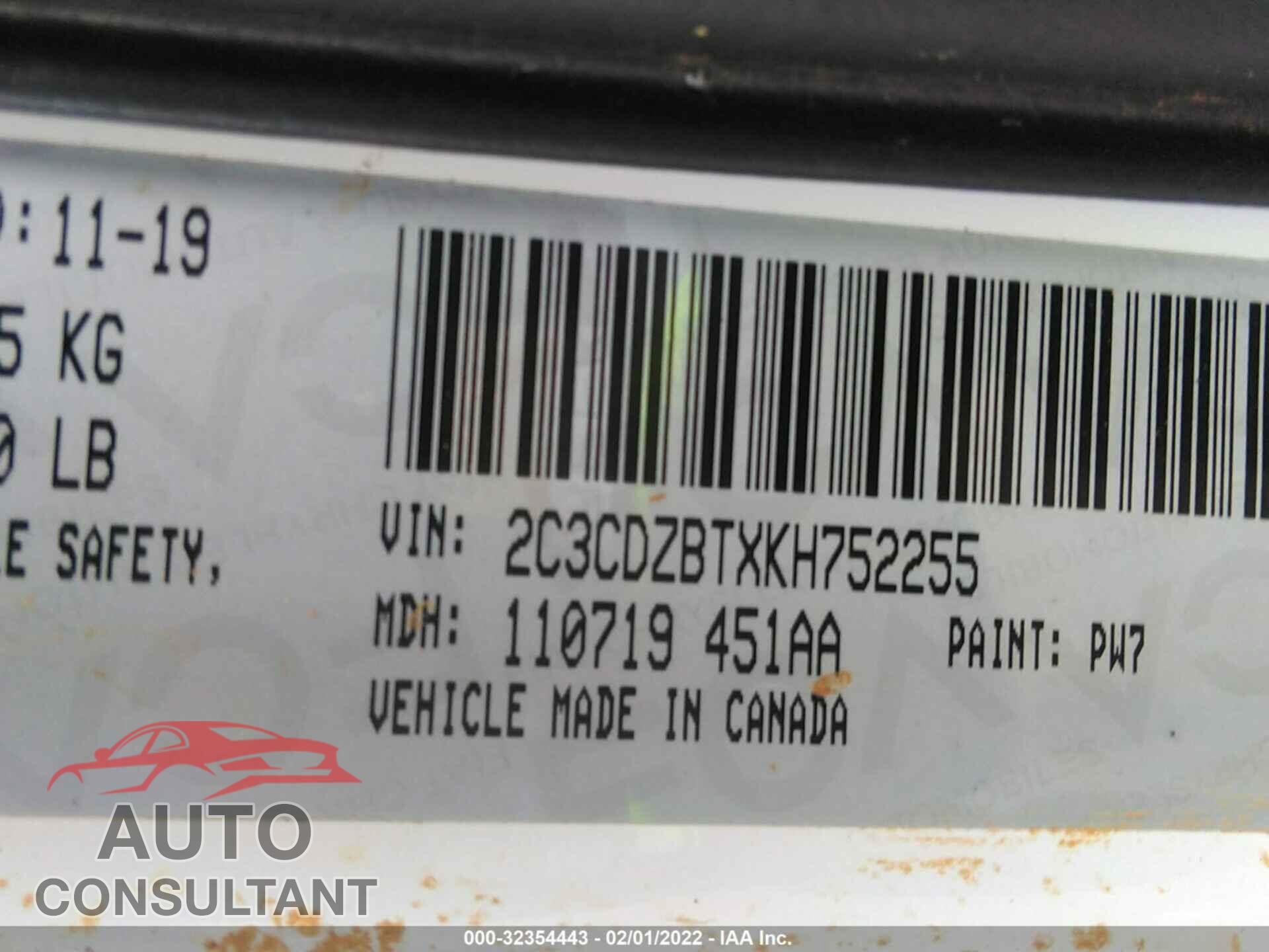 DODGE CHALLENGER 2019 - 2C3CDZBTXKH752255