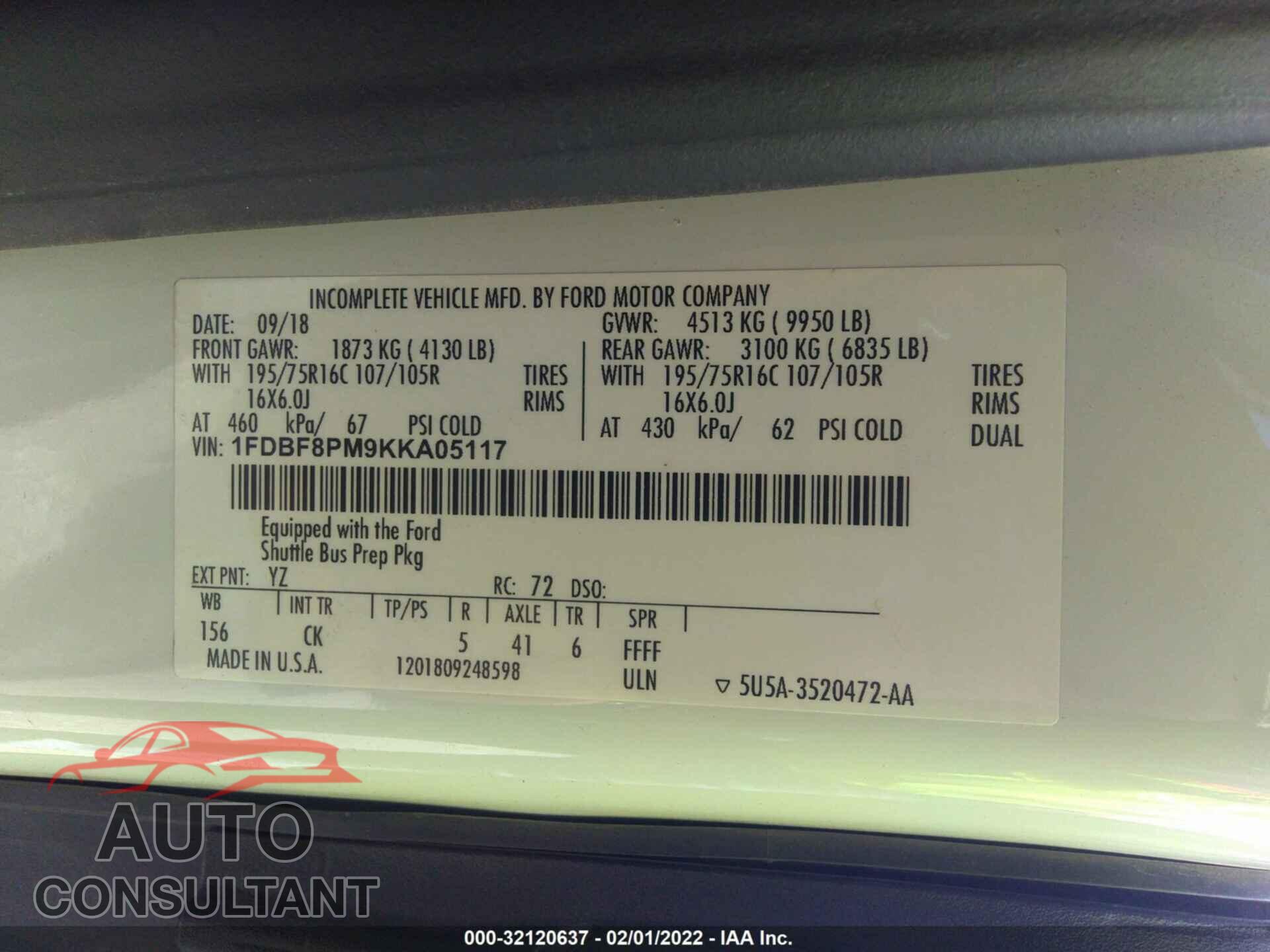 FORD TRANSIT CUTAWAY 2019 - 1FDBF8PM9KKA05117