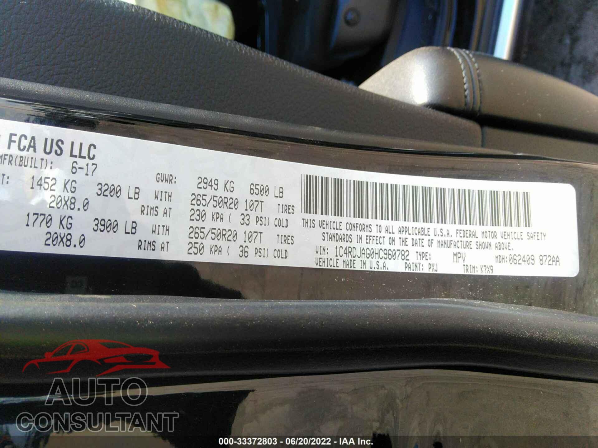 DODGE DURANGO 2017 - 1C4RDJAG0HC960782