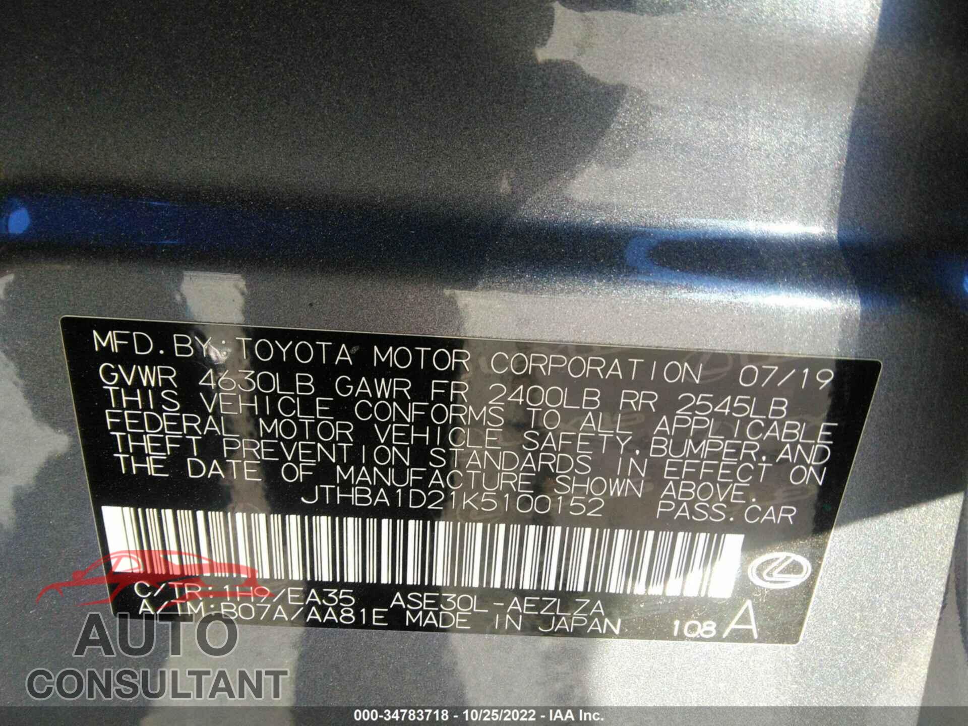 LEXUS IS 2019 - JTHBA1D21K5100152
