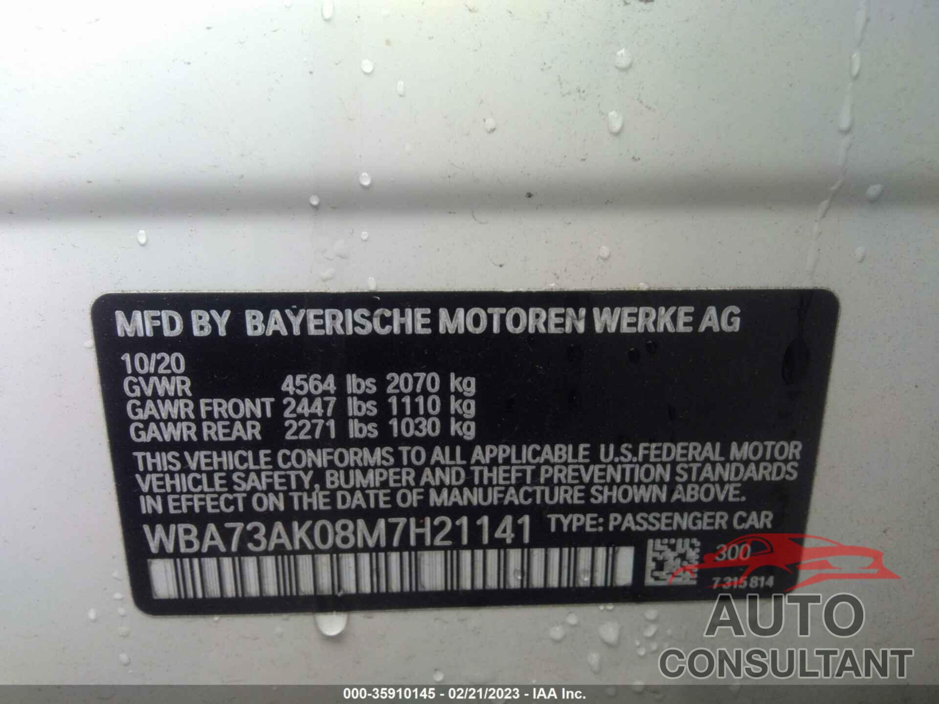 BMW 2 SERIES 2021 - WBA73AK08M7H21141