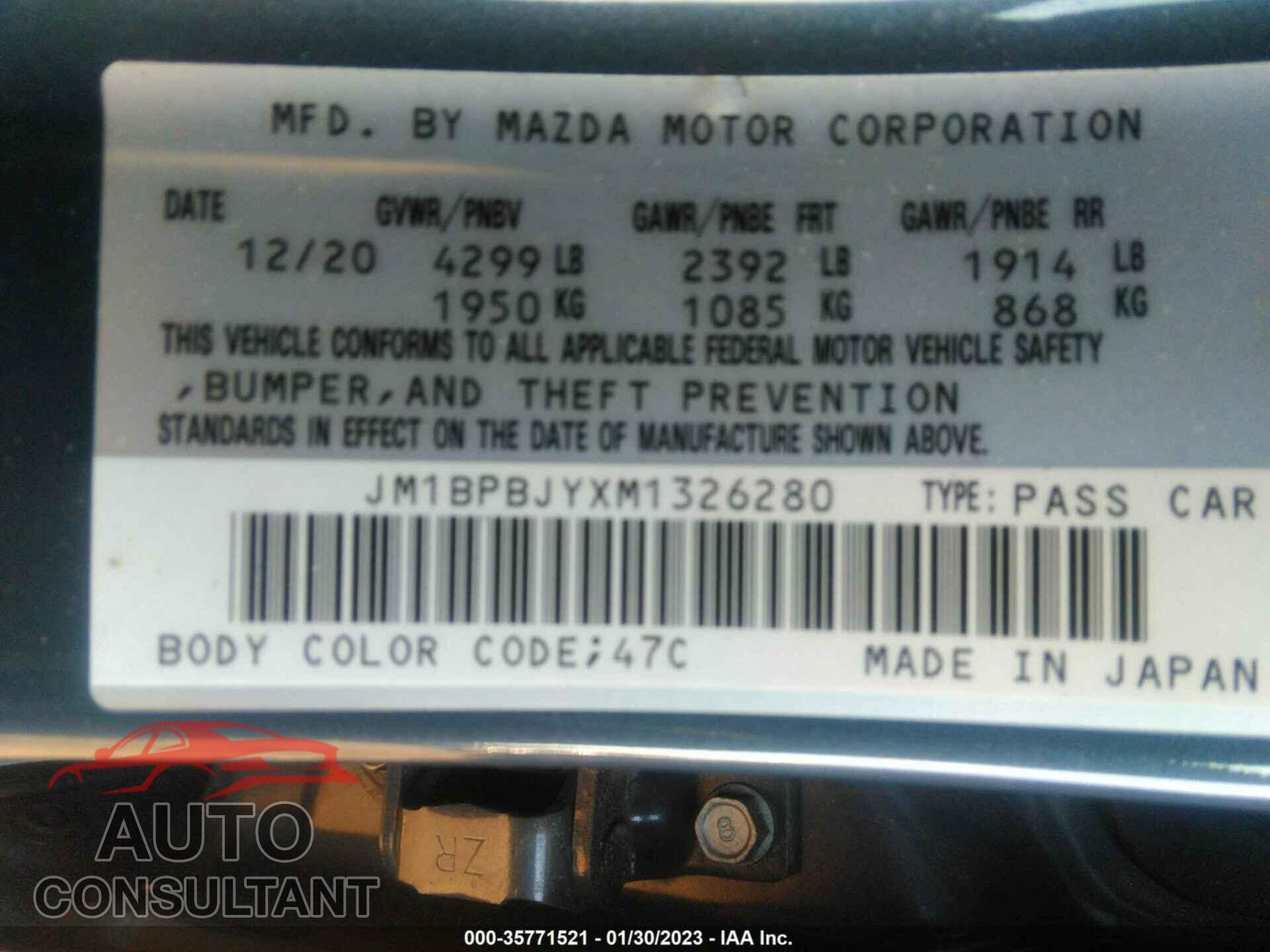 MAZDA MAZDA3 HATCHBACK 2021 - JM1BPBJYXM1326280
