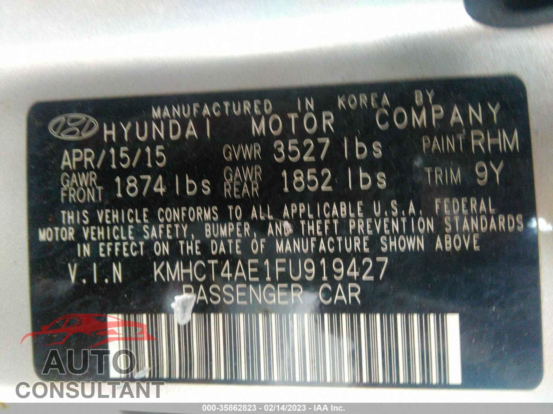 HYUNDAI ACCENT 2015 - KMHCT4AE1FU919427