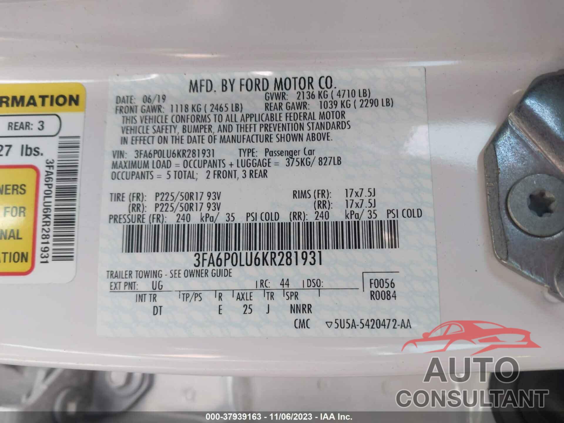 FORD FUSION HYBRID 2019 - 3FA6P0LU6KR281931