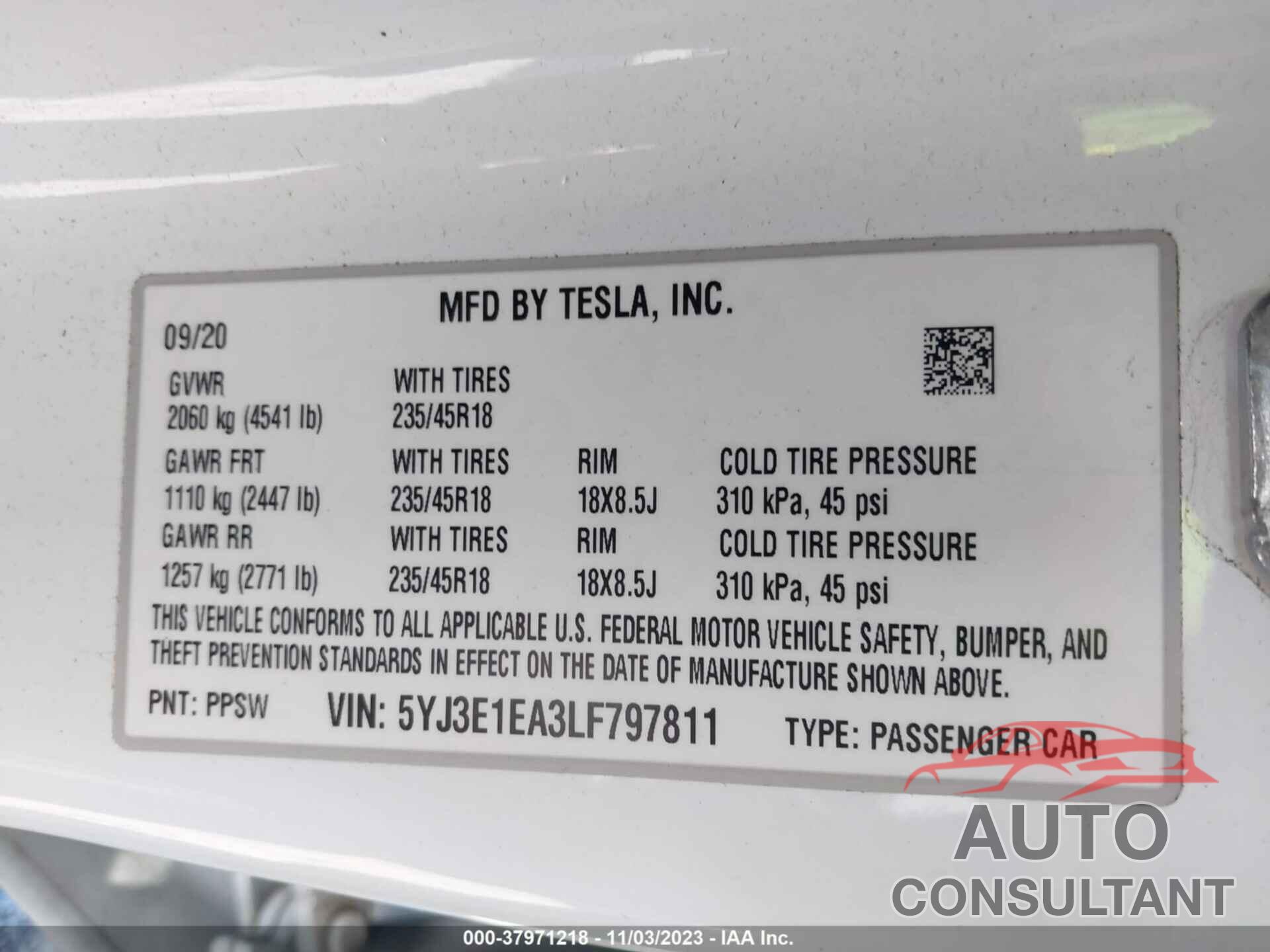 TESLA MODEL 3 2020 - 5YJ3E1EA3LF797811