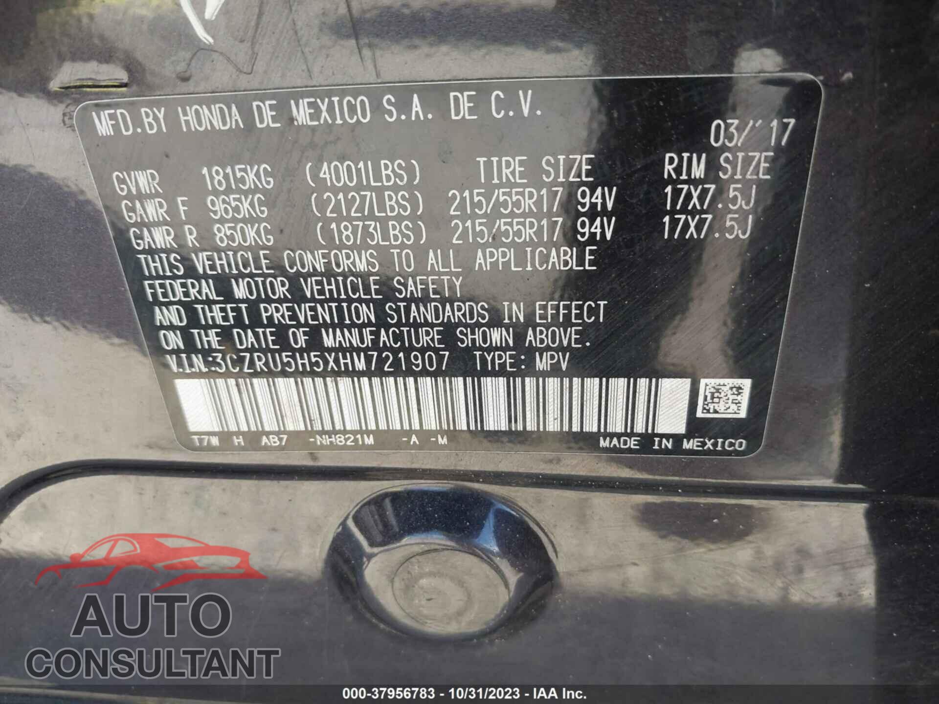 HONDA HR-V 2017 - 3CZRU5H5XHM721907