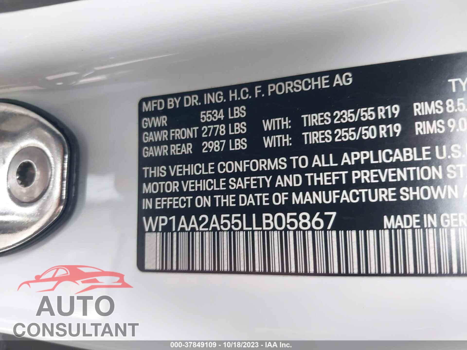 PORSCHE MACAN 2020 - WP1AA2A55LLB05867