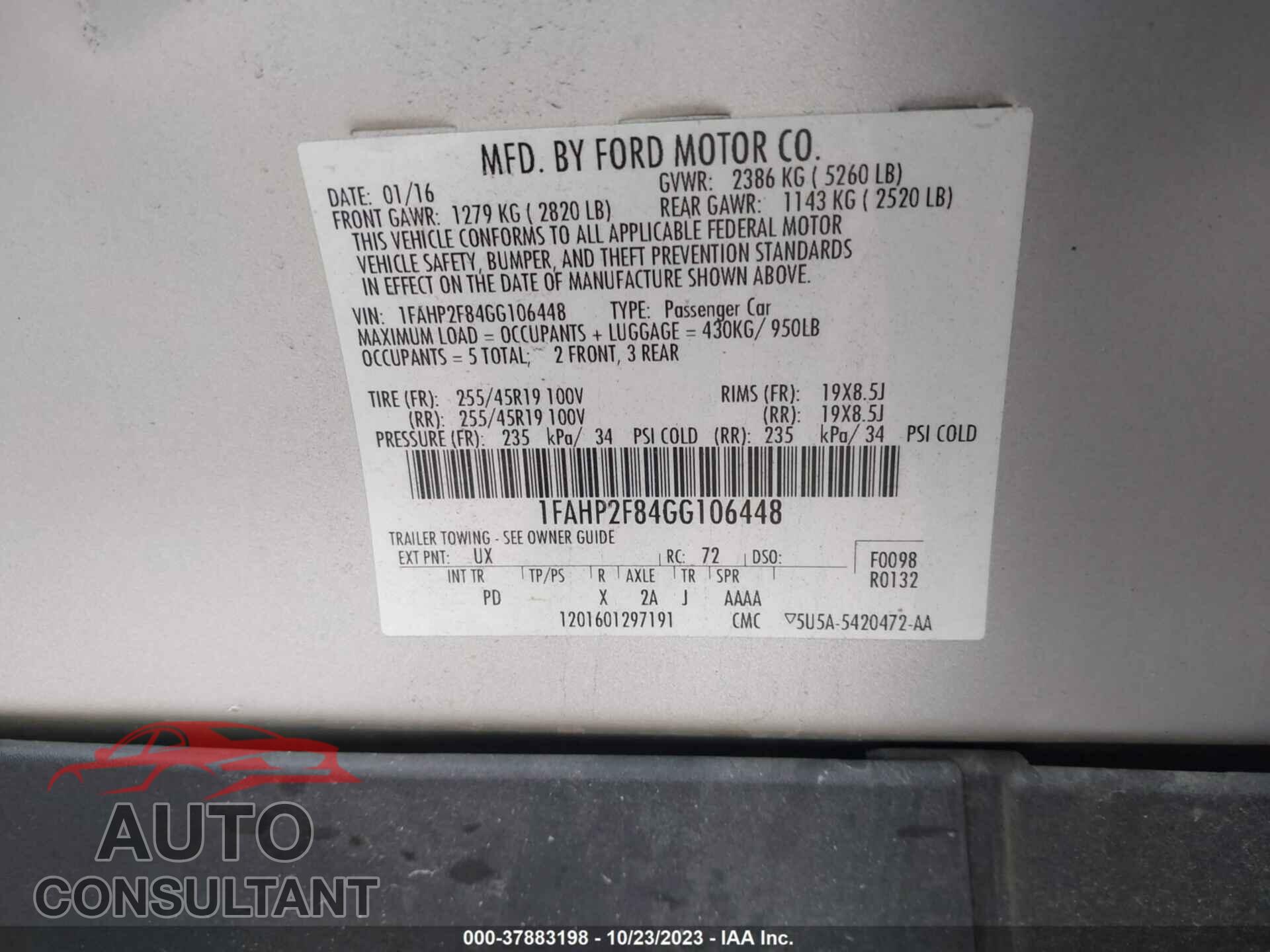 FORD TAURUS 2016 - 1FAHP2F84GG106448