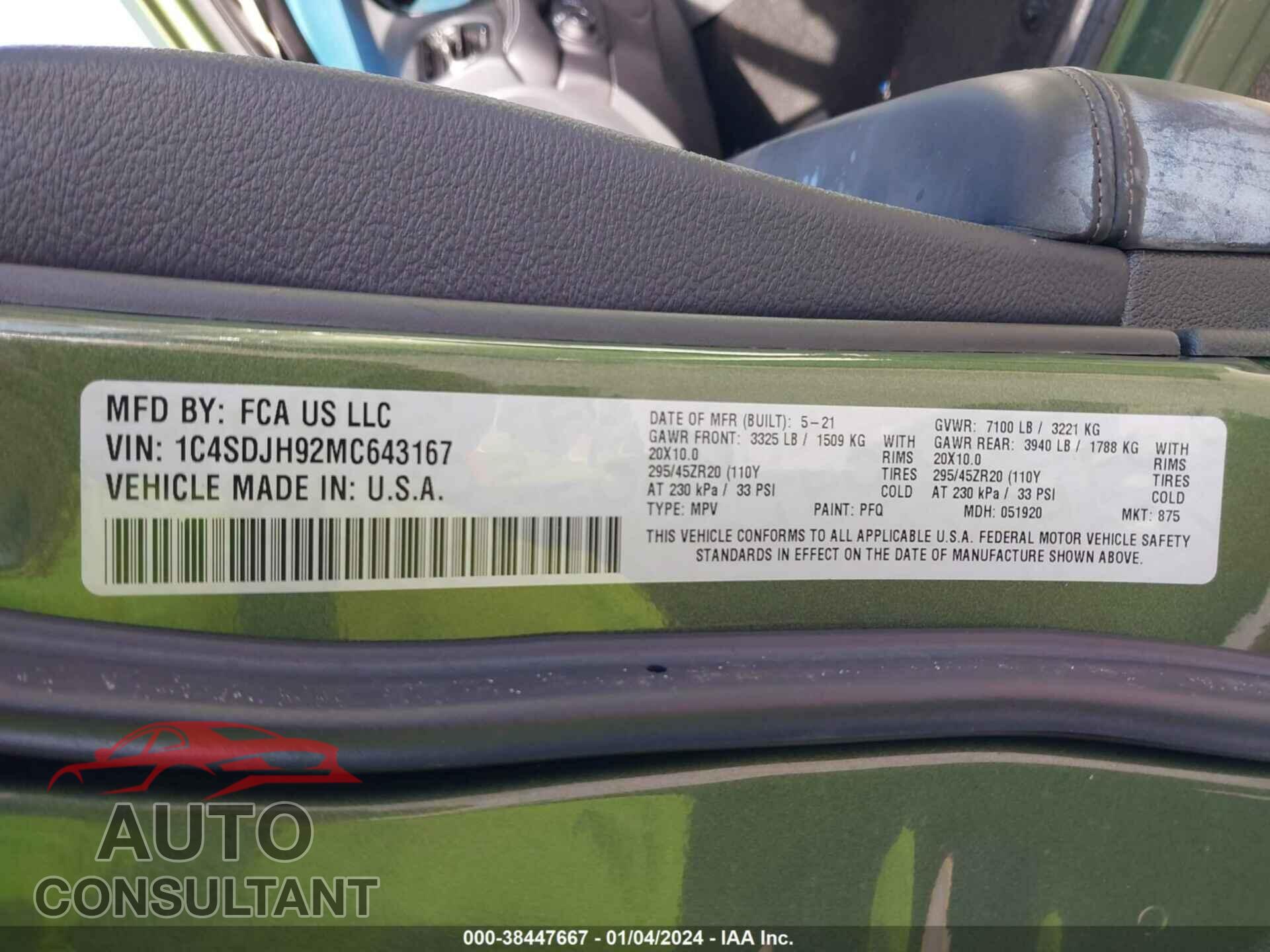DODGE DURANGO 2021 - 1C4SDJH92MC643167