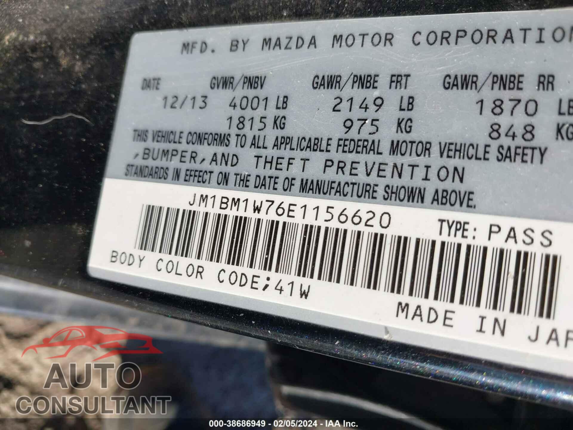 MAZDA MAZDA3 2014 - JM1BM1W76E1156620