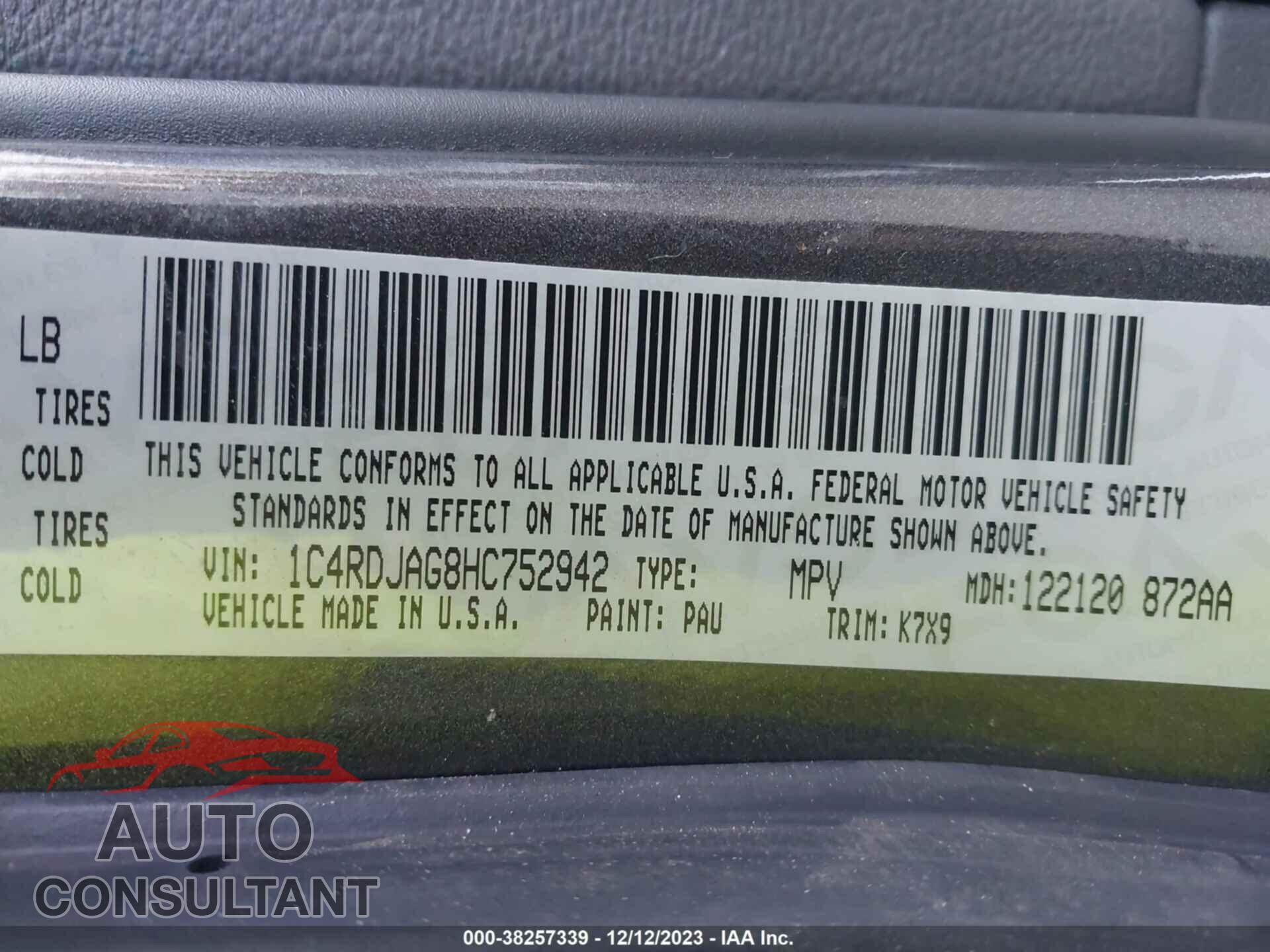 DODGE DURANGO 2017 - 1C4RDJAG8HC752942