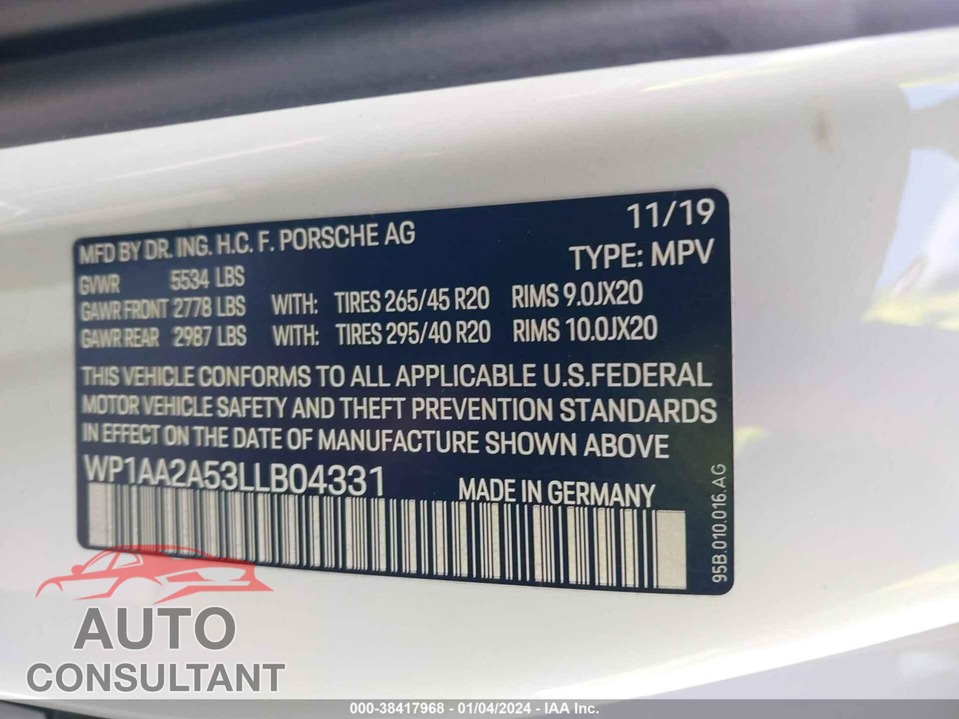 PORSCHE MACAN 2020 - WP1AA2A53LLB04331