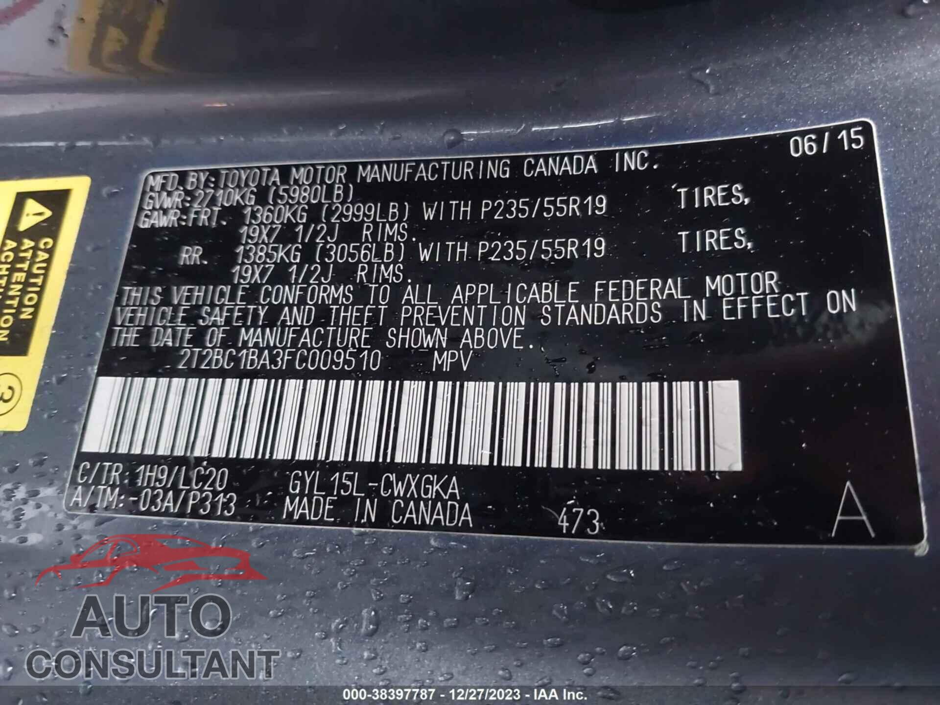 LEXUS RX 450H 2015 - 2T2BC1BA3FC009510