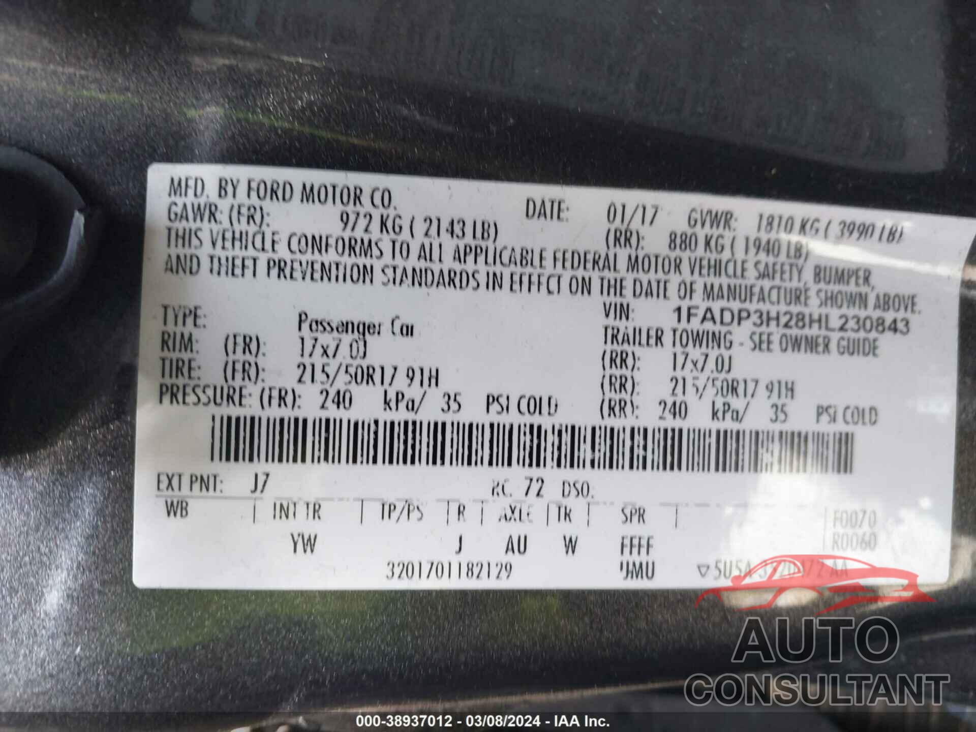 FORD FOCUS 2017 - 1FADP3H28HL230843