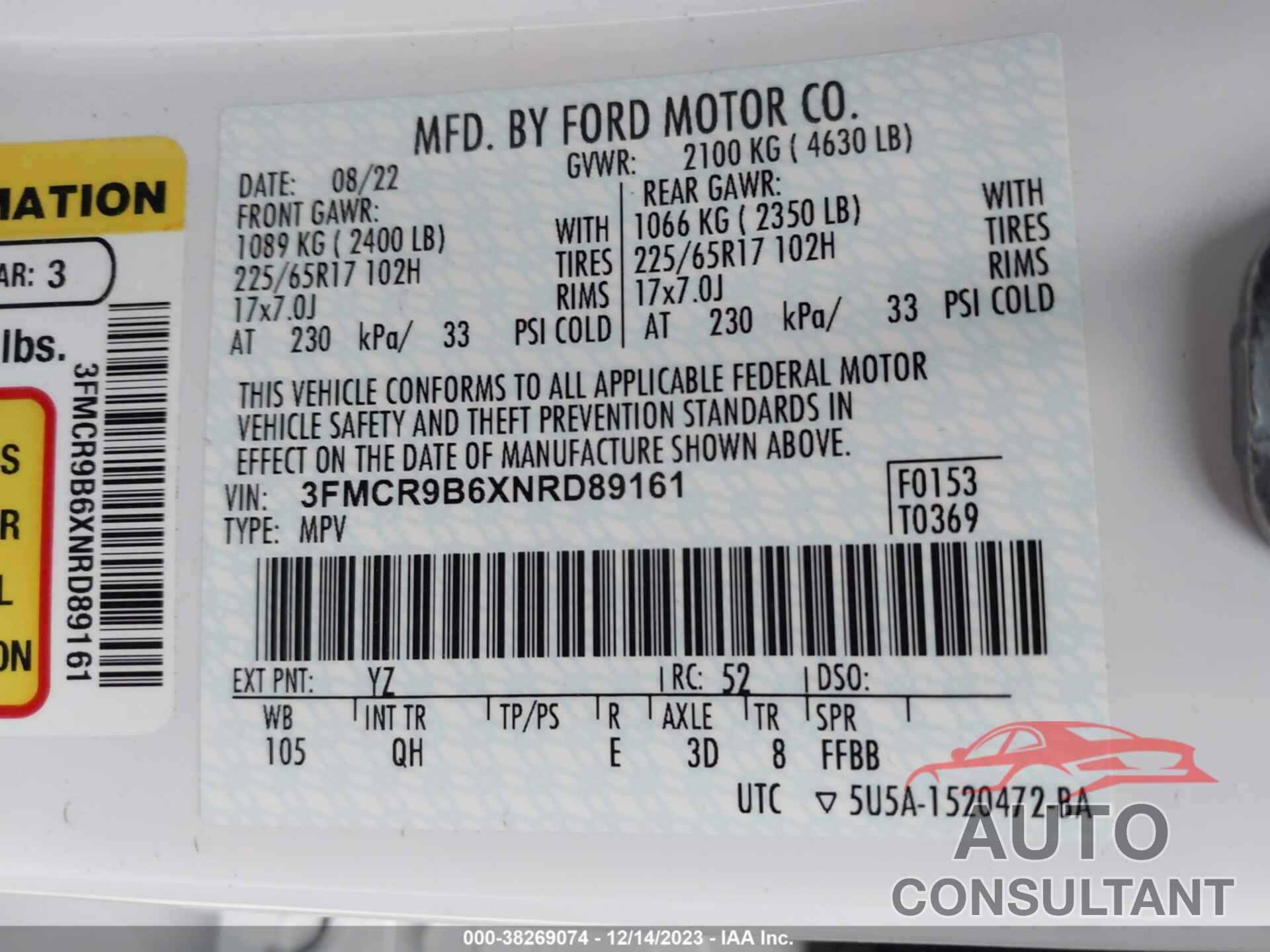 FORD BRONCO SPORT 2022 - 3FMCR9B6XNRD89161